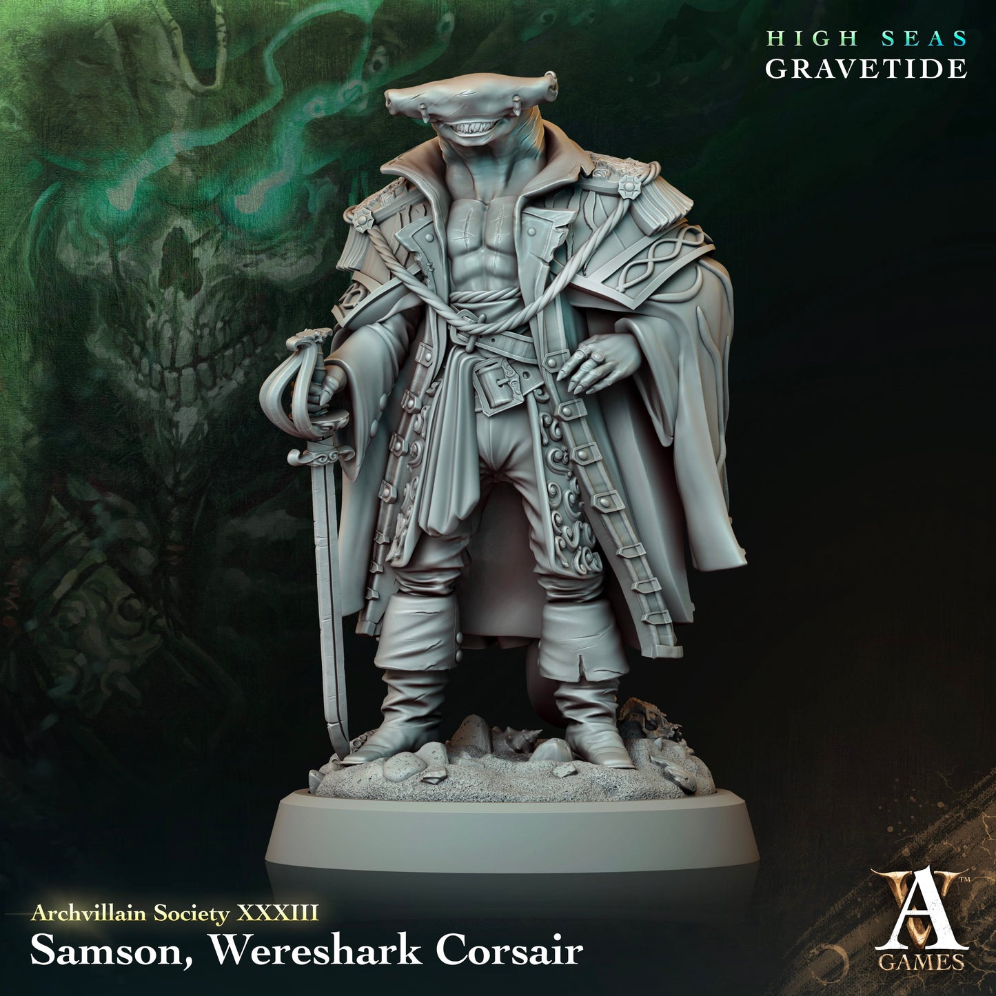 3D Printed Archvillain Games Samson Wereshark Corsair Archvillain Society Vol XXXIII 28 32mm D&D - 3D Printing Boss
