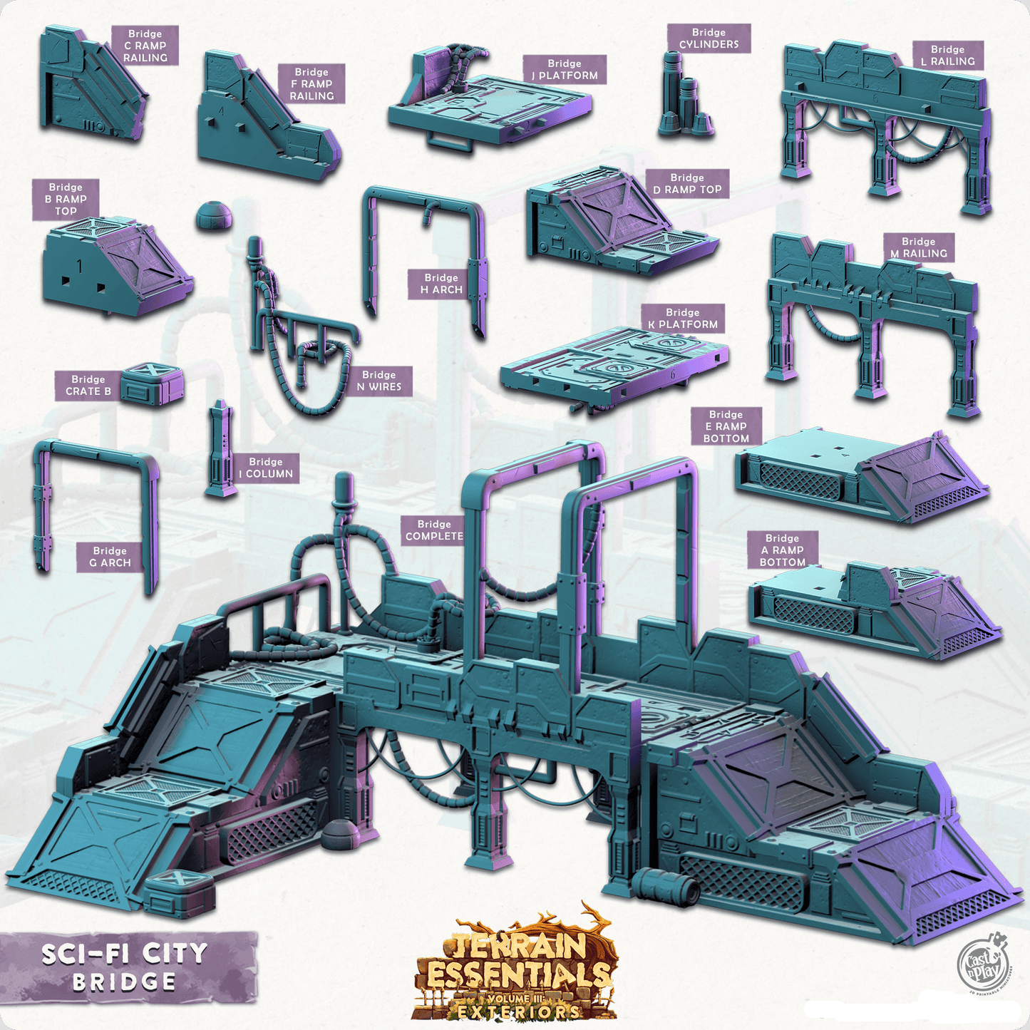 3D Printed Cast n Play Bridge Sci-Fi City Set Terrain Essentials Vol III Exteriors 28mm 32mm D&D - 3D Printing Boss