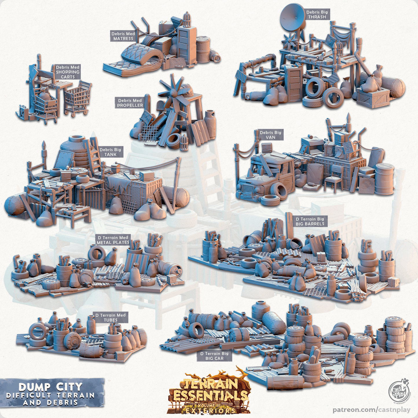 3D Printed Cast n Play Difficult Terrain and Debris Dump City Set 28mm 32mm D&D - 3D Printing Boss