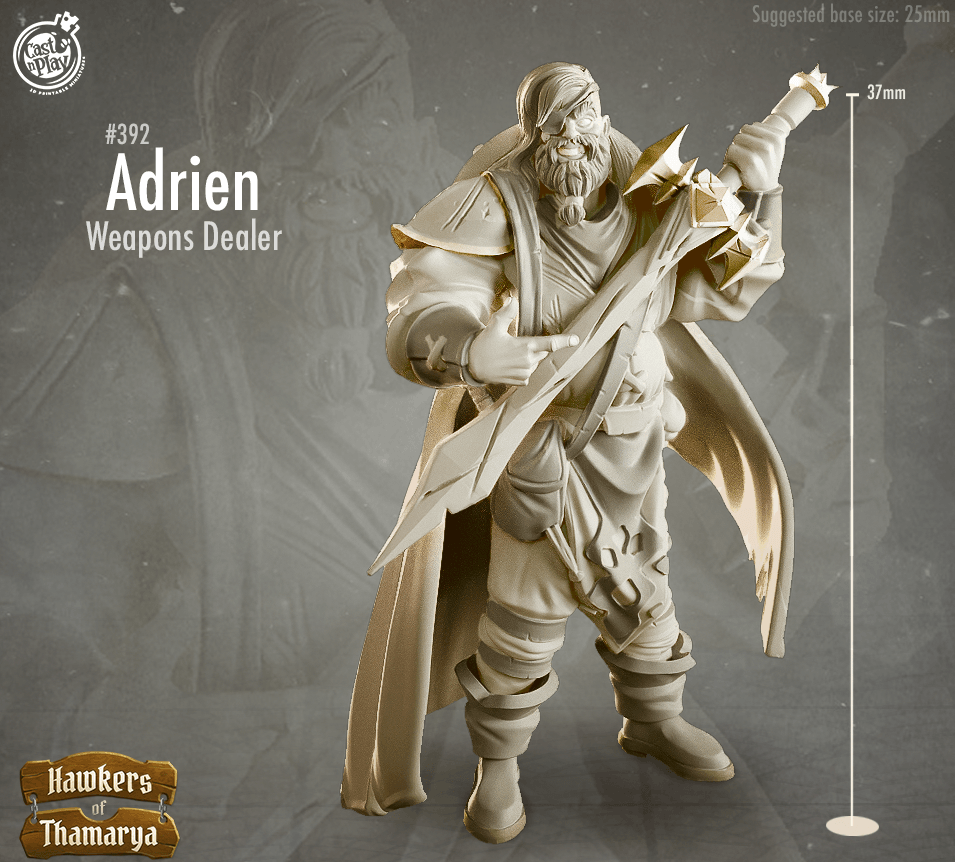 3D Printed Cast n Play Hawkers of Thamarya - Adrien the Weapons Dealer 28mm 32mm D&D - 3D Printing Boss