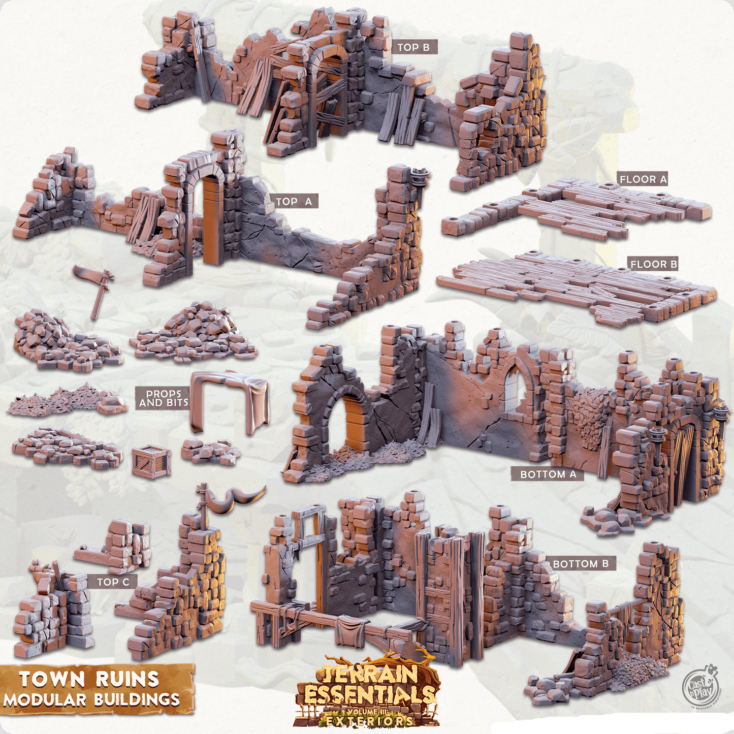 3D Printed Cast n Play Town - Town Ruins Modular Buildings Set 28mm 32mm D&D - 3D Printing Boss