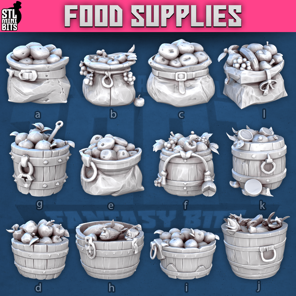 Charming Terrain 3D printed terrain (28mm) Food Supplies Set 3D Printed STL Miniatures Food Supplies Set STL Mini Bits 28 - 32mm War Gaming D&D