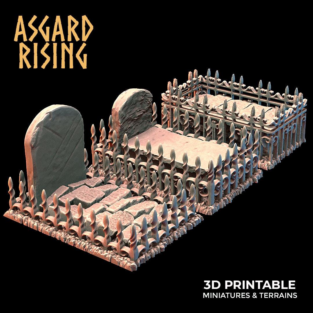 3D Printed Asgard Rising Cemetery Graves with Fence Set 28mm-32mm Ragnarok D&D - 3D Printing Boss