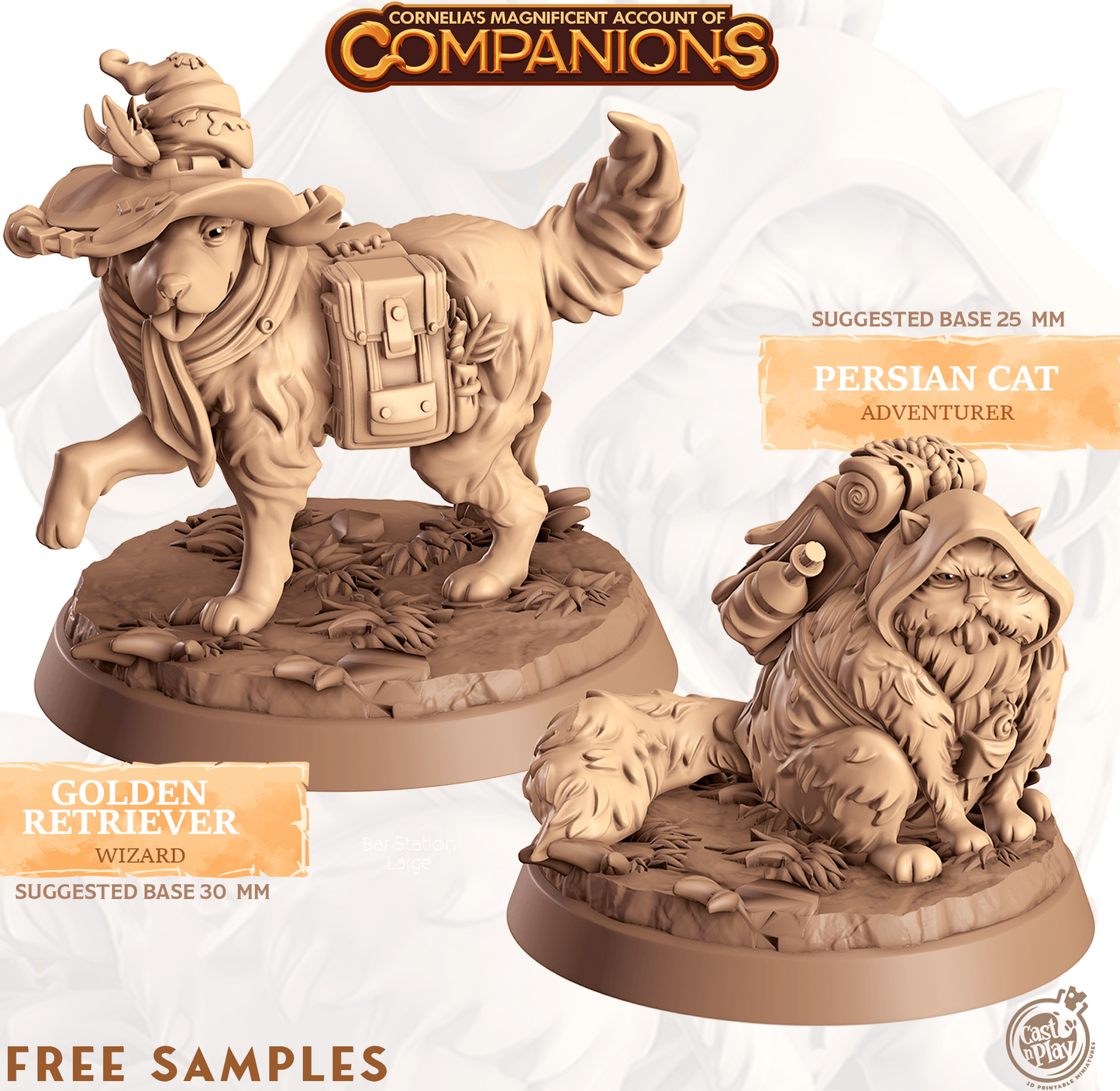 3D Printed Cast n Play Golden Retriever and Persian Cat Cornelia's Companions 28mm 32mm D&D - 3D Printing Boss