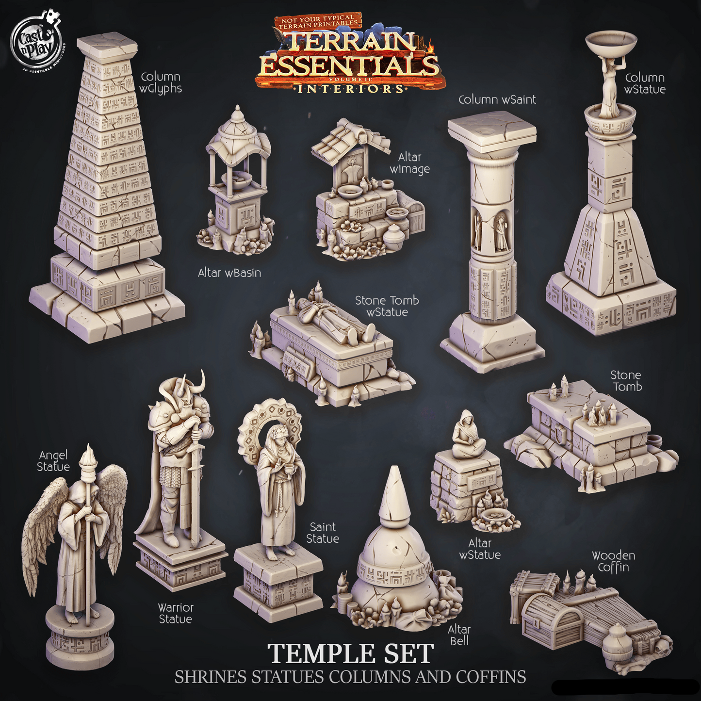 3D Printed Cast n Play Temple Shrines, Statues, Columns and Coffins Terrain Essentials 28mm 32mm D&D - 3D Printing Boss