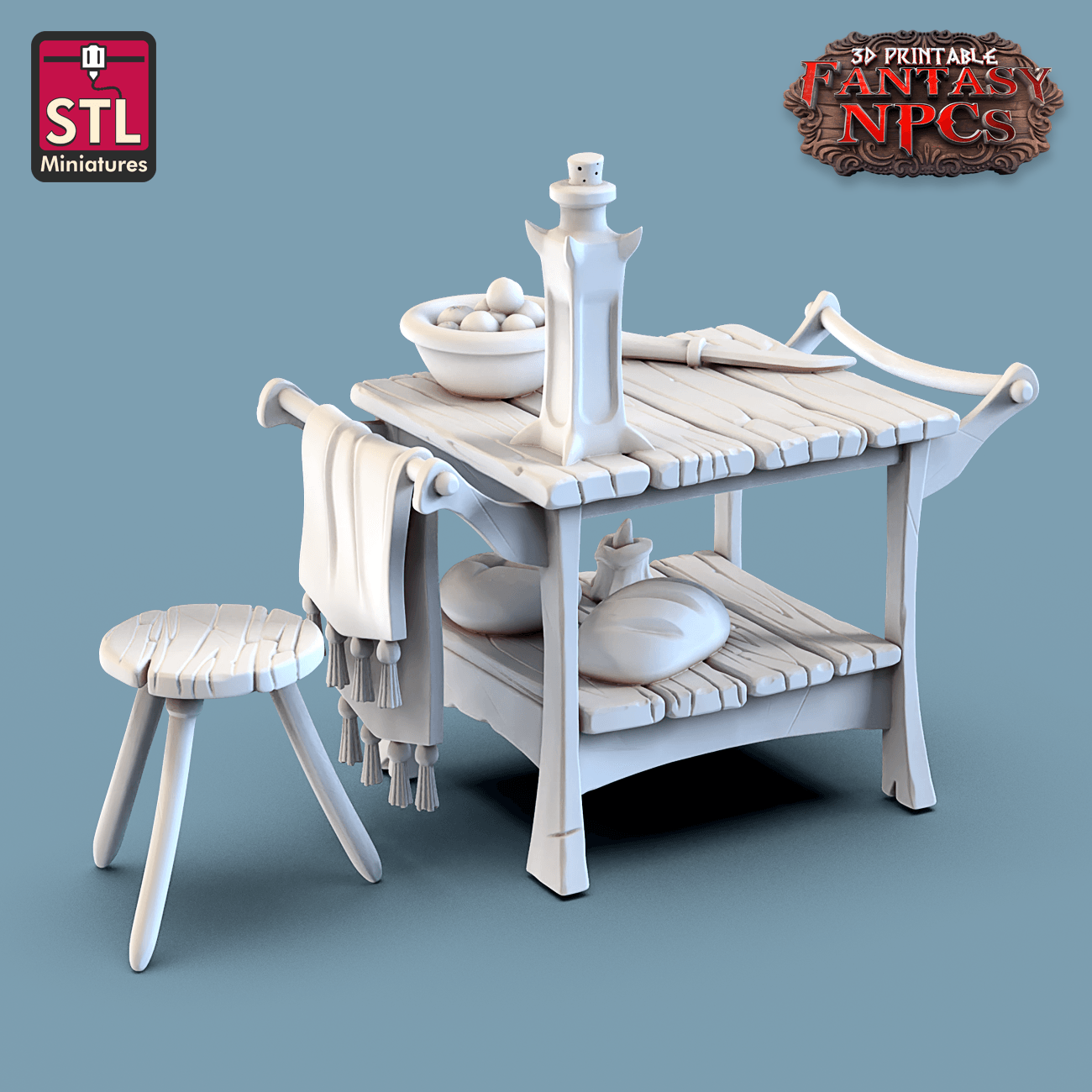 3D Printed STL Miniatures Cook Set Fantasy NPC 28mm - 32mm War Gaming D&D - 3D Printing Boss