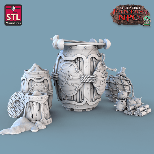 3D Printed STL Miniatures Gunpowder Vendors Set Fantasy NPC 2 | 28 - 32mm War Gaming D&D - 3D Printing Boss