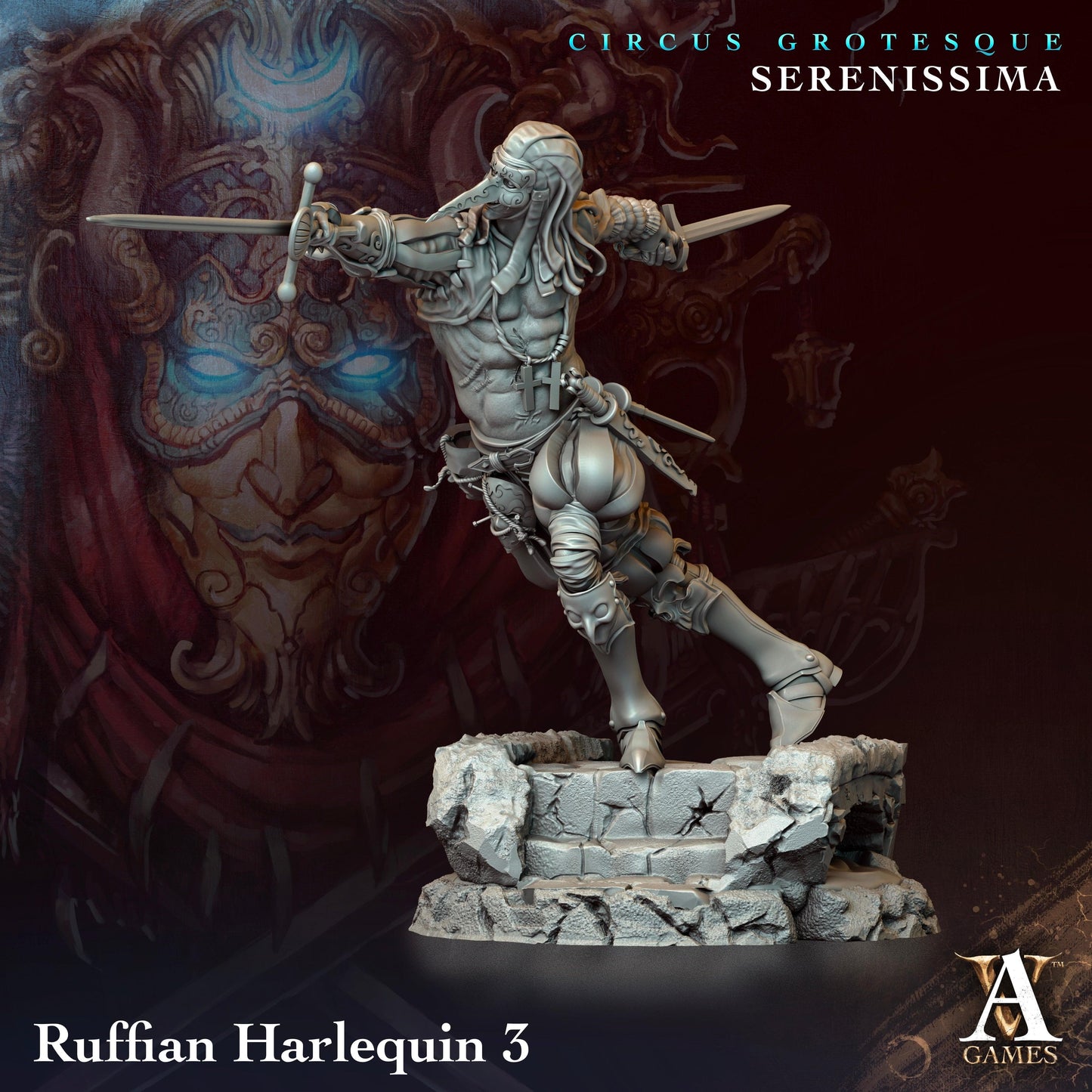 3D Printed Archvillain Games Circus Grotesque - Serenissima Ruffian Harlequin 28 32mm D&D - 3D Printing Boss 