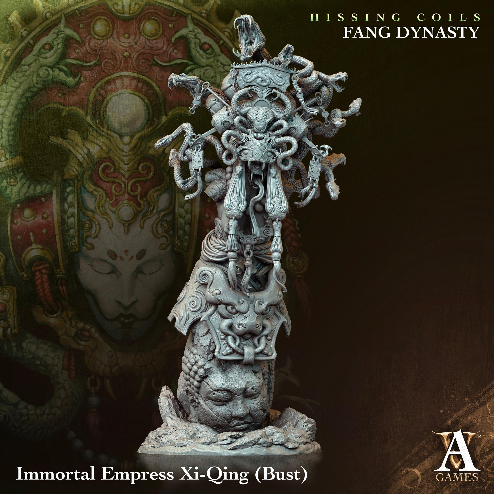 3D Printed Archvillain Games Hissing Coils - Fang Dynasty Immortal Empress Xi-Qing - Bust 28 32mm D&D - 3D Printing Boss 