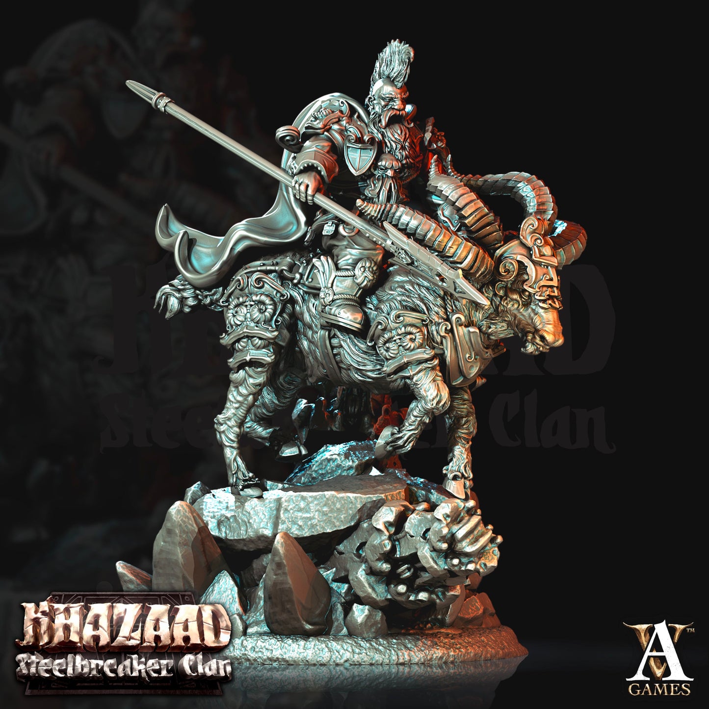 3D Printed Archvillain Games Khazaad Steelbreaker Clan - Steelbreaker Warriors Ram Riders 28mm 32mm D&D - 3D Printing Boss 