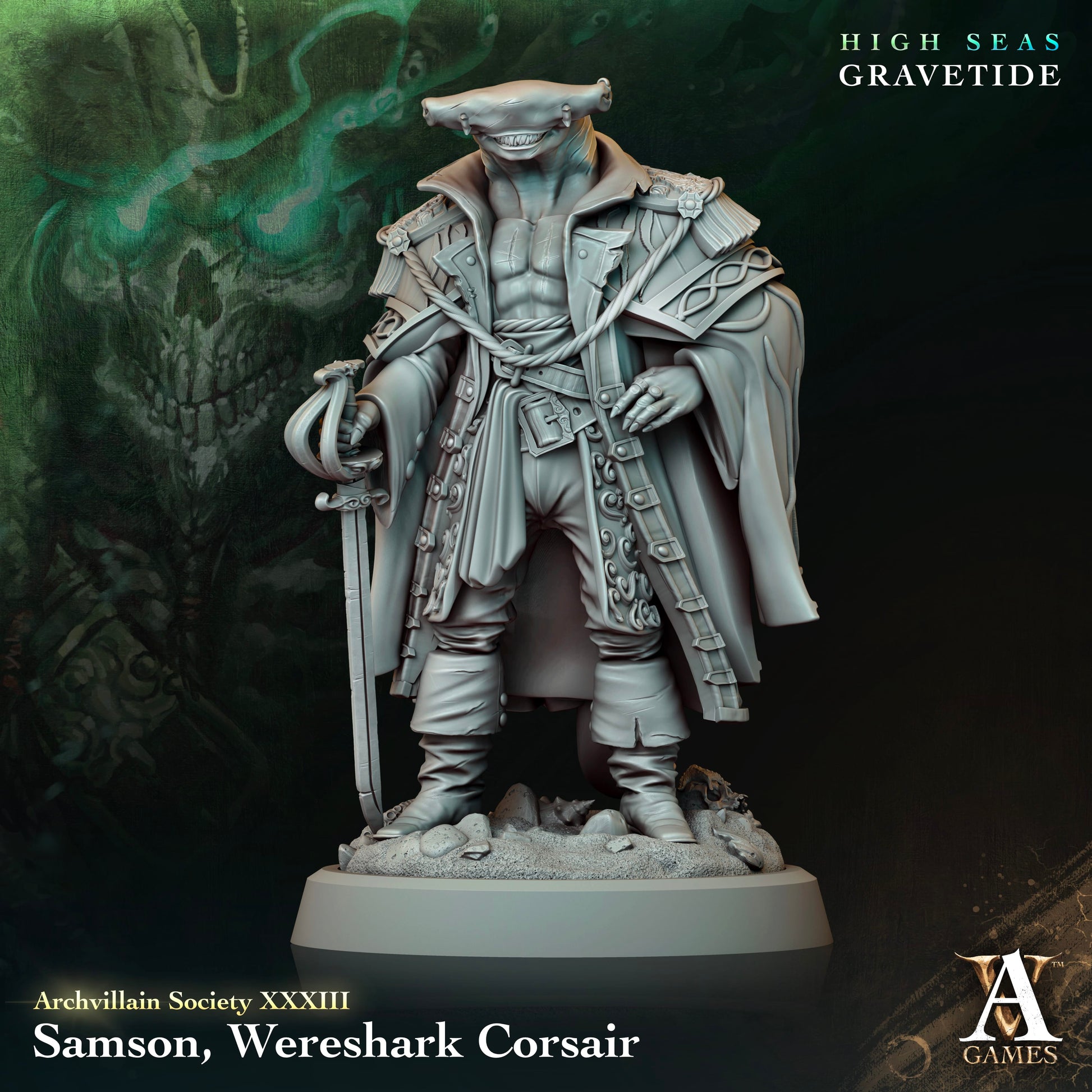 3D Printed Archvillain Games Samson Wereshark Corsair Archvillain Society Vol XXXIII 28 32mm D&D - 3D Printing Boss 