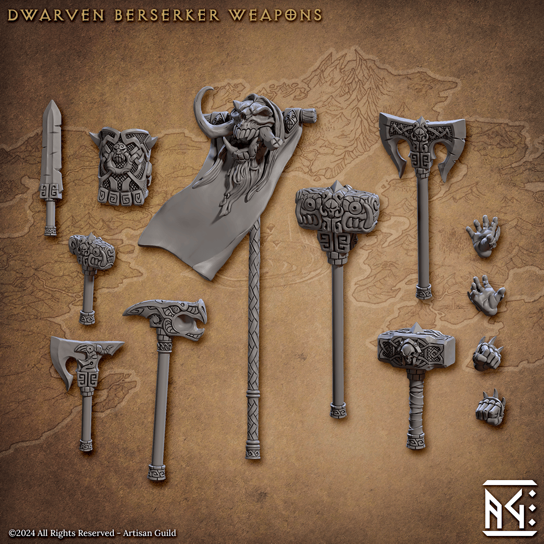 3D Printed Artisan Guild The Quest for Goldvein Dwarf Weapons Dwarf Berserkers Set 28mm 32mm - 3D Printing Boss 