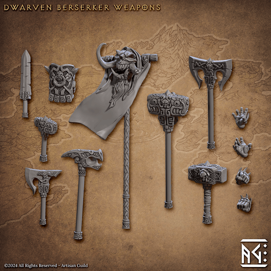 3D Printed Artisan Guild The Quest for Goldvein Dwarf Weapons Dwarf Berserkers Set 28mm 32mm - 3D Printing Boss 
