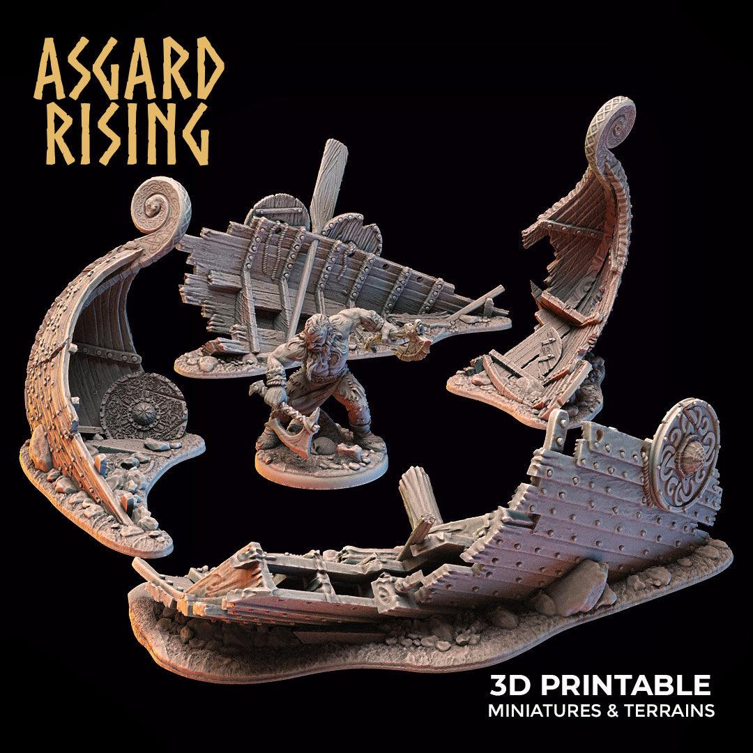 3D Printed Asgard Rising Drakkar Snekkar Ship Wreck Set 28 32 mm Wargaming DnD - 3D Printing Boss 