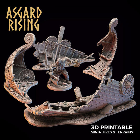 3D Printed Asgard Rising Drakkar Snekkar Ship Wreck Set 28 32 mm Wargaming DnD - 3D Printing Boss 