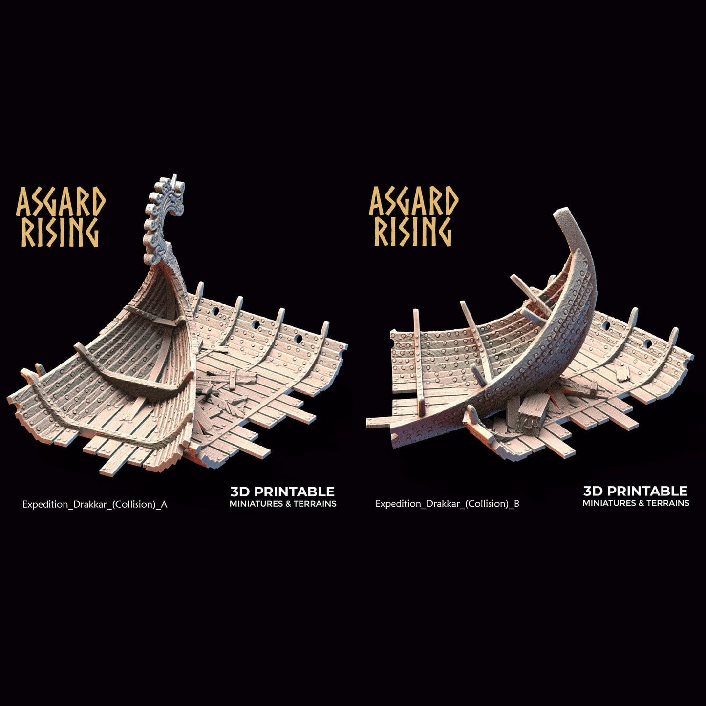 3D Printed Asgard Rising Expedition Drakkar Ship Collision Set 28 32 mm Wargaming DnD - 3D Printing Boss 