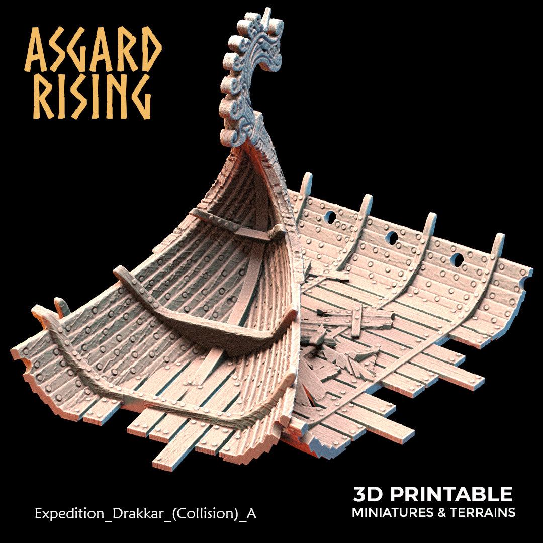 3D Printed Asgard Rising Expedition Drakkar Ship Collision Set 28 32 mm Wargaming DnD - 3D Printing Boss 