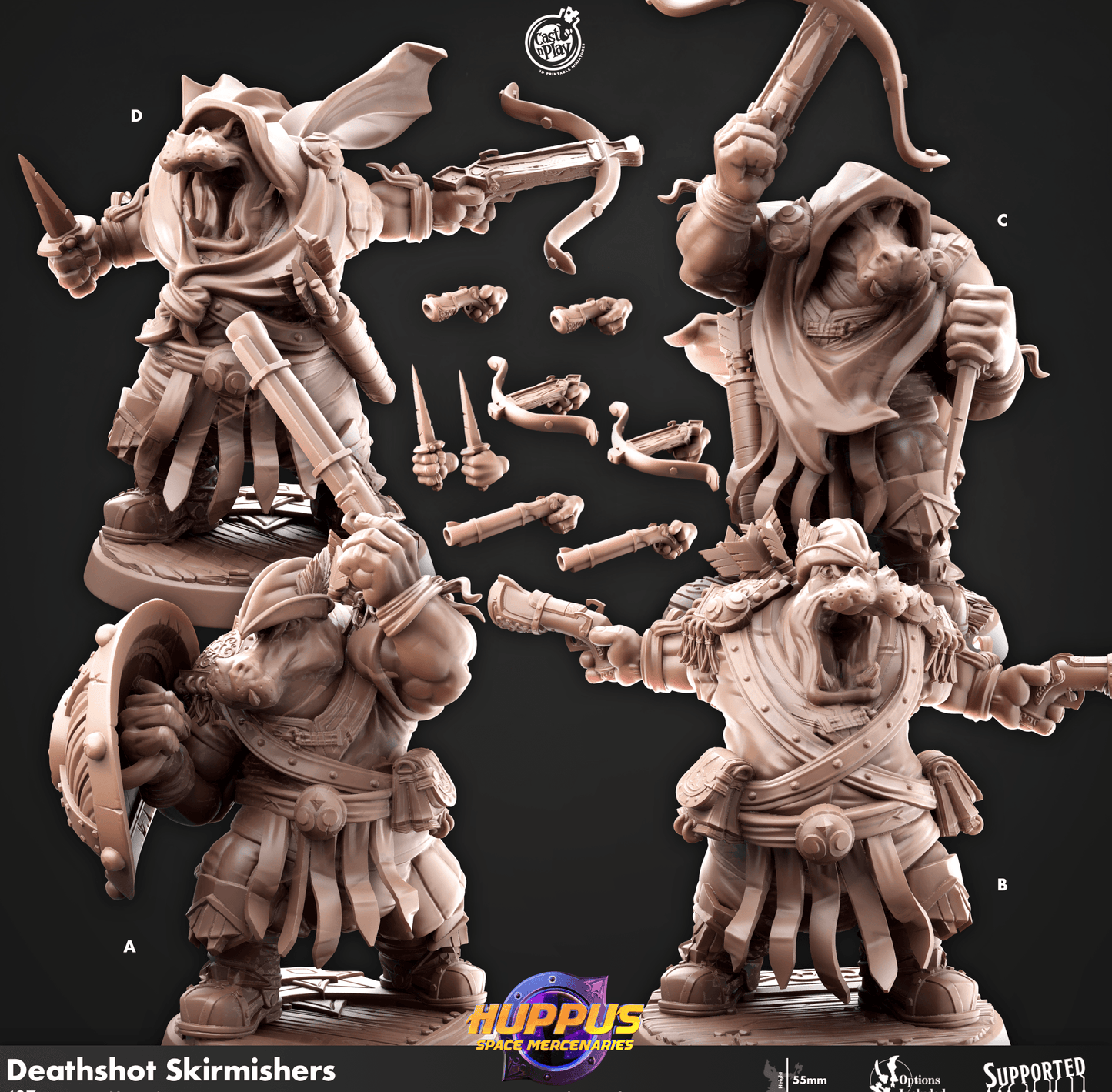 3D Printed Cast n Play 627 Deathshot Skirmishers Huppus, Space Mercenaries Set 28mm 32mm D&D - 3D Printing Boss 