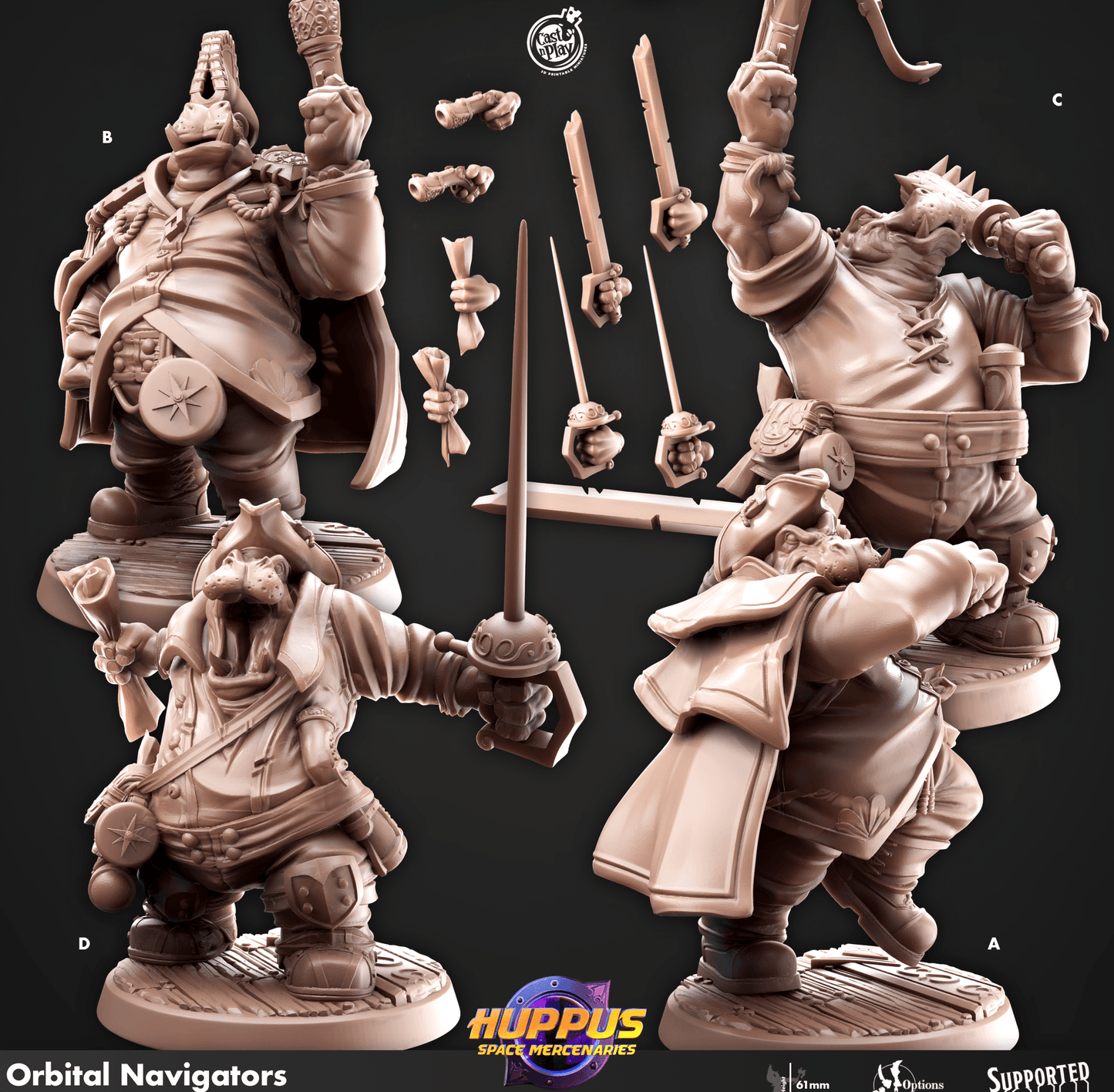 3D Printed Cast n Play 628 Orbital Navigators Huppus, Space Mercenaries Set 28mm 32mm D&D - 3D Printing Boss 