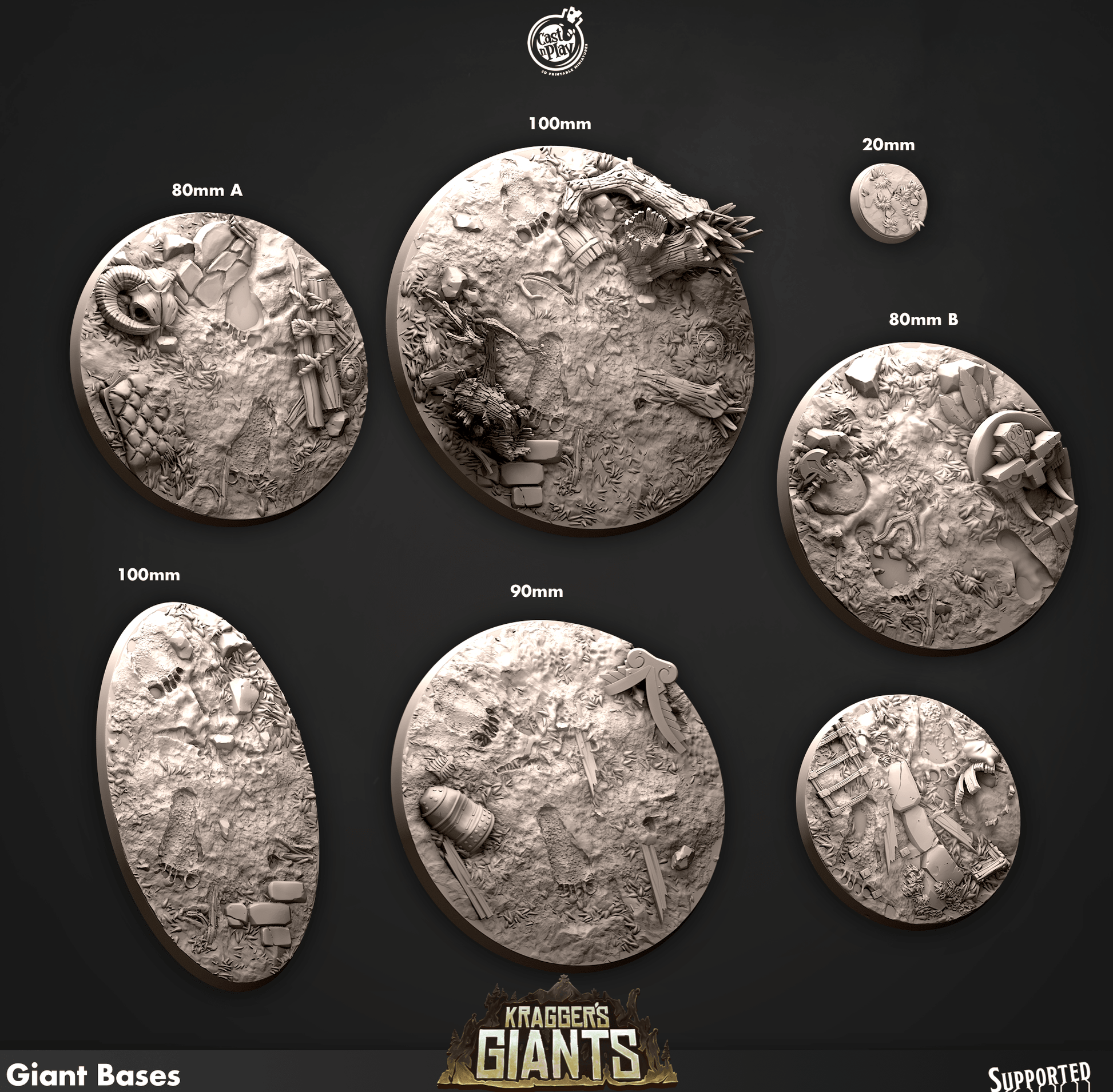 3D Printed Cast n Play 695 Giant Bases Kragger's Giants Set 28mm 32mm D&D - 3D Printing Boss 