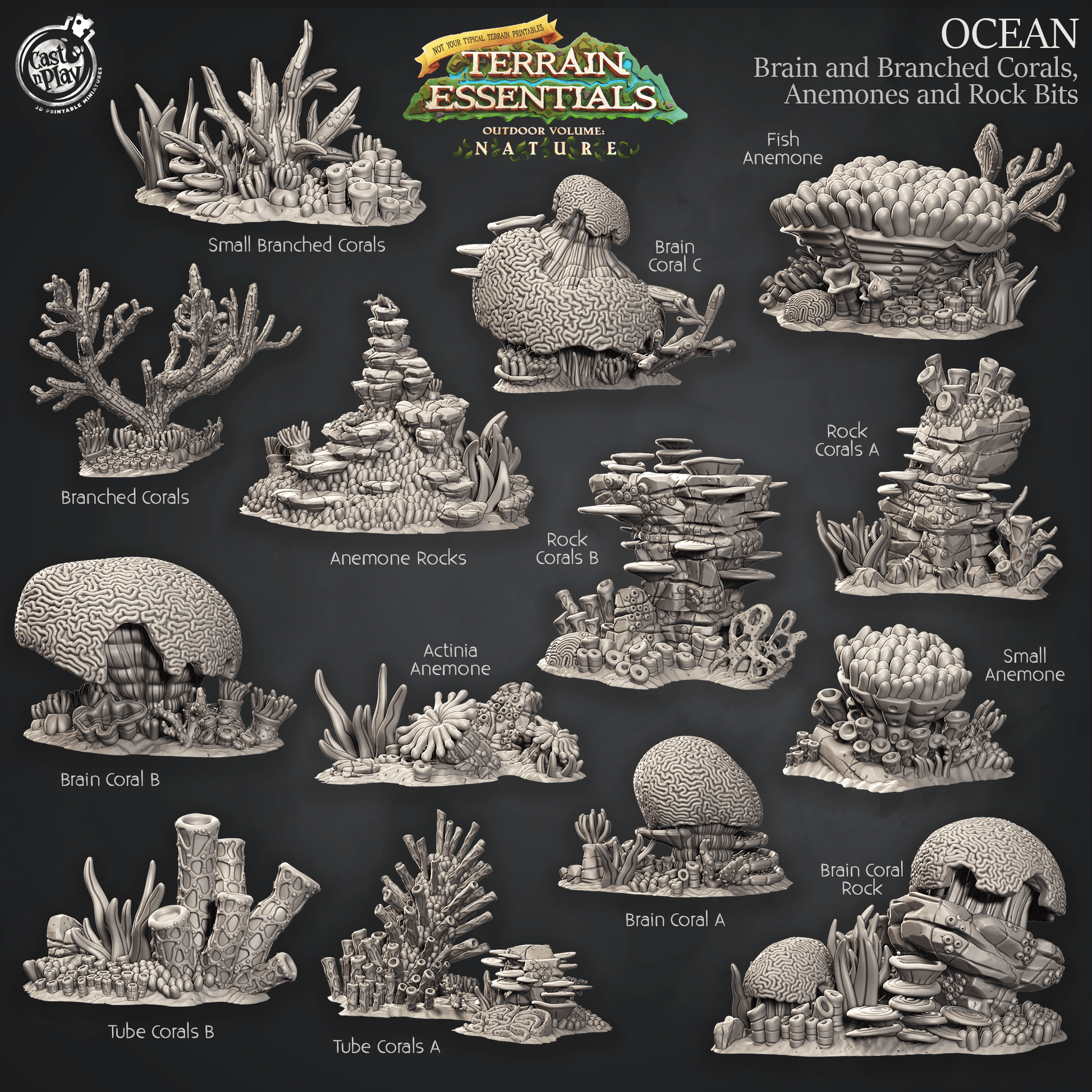 3D Printed Cast n Play Brain and Branched Corals, Anemones and Bock Bits Ocean Terrain Set Terrain Essentials Nature 28mm 32mm D&D - 3D Printing Boss 