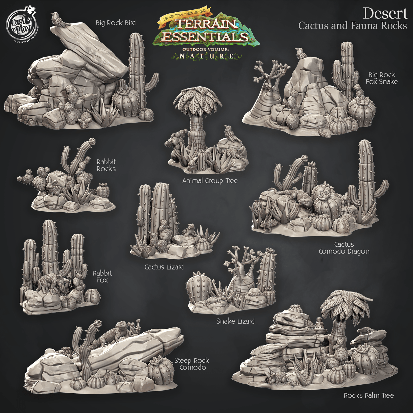 3D Printed Cast n Play Cactus, Fauna and Rocks Desert Terrain Set Terrain Essentials Nature 28mm 32mm D&D - 3D Printing Boss 