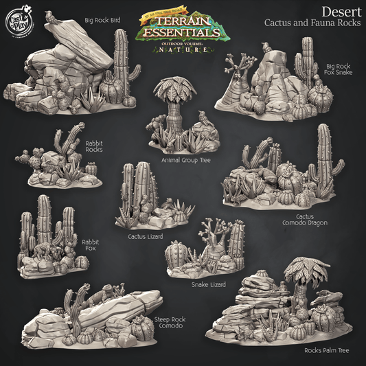 3D Printed Cast n Play Cactus, Fauna and Rocks Desert Terrain Set Terrain Essentials Nature 28mm 32mm D&D - 3D Printing Boss 