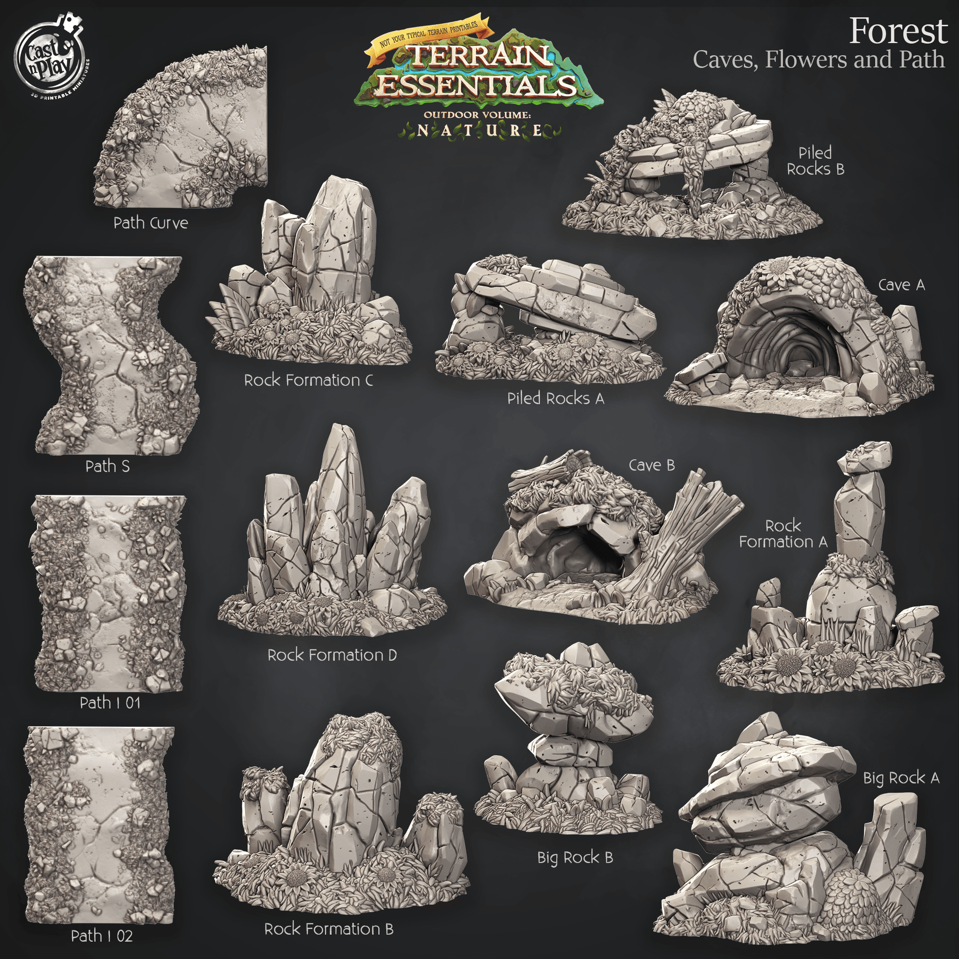 3D Printed Cast n Play Caves, Flowers and Path Forest Terrain Set Terrain Essentials Nature 28mm 32mm D&D - 3D Printing Boss 