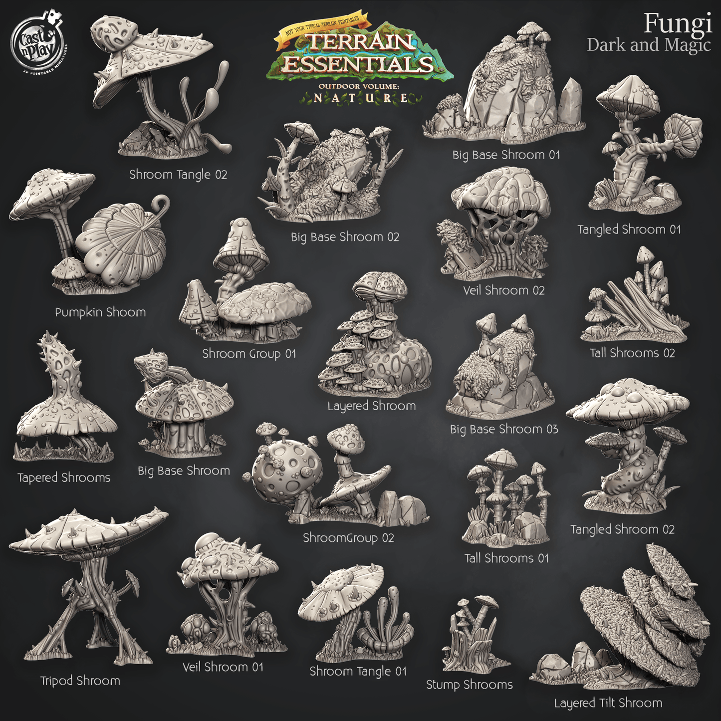 3D Printed Cast n Play Dark And Magic Fungi Fungi Terrain Set Terrain Essentials Nature 28mm 32mm D&D - 3D Printing Boss 