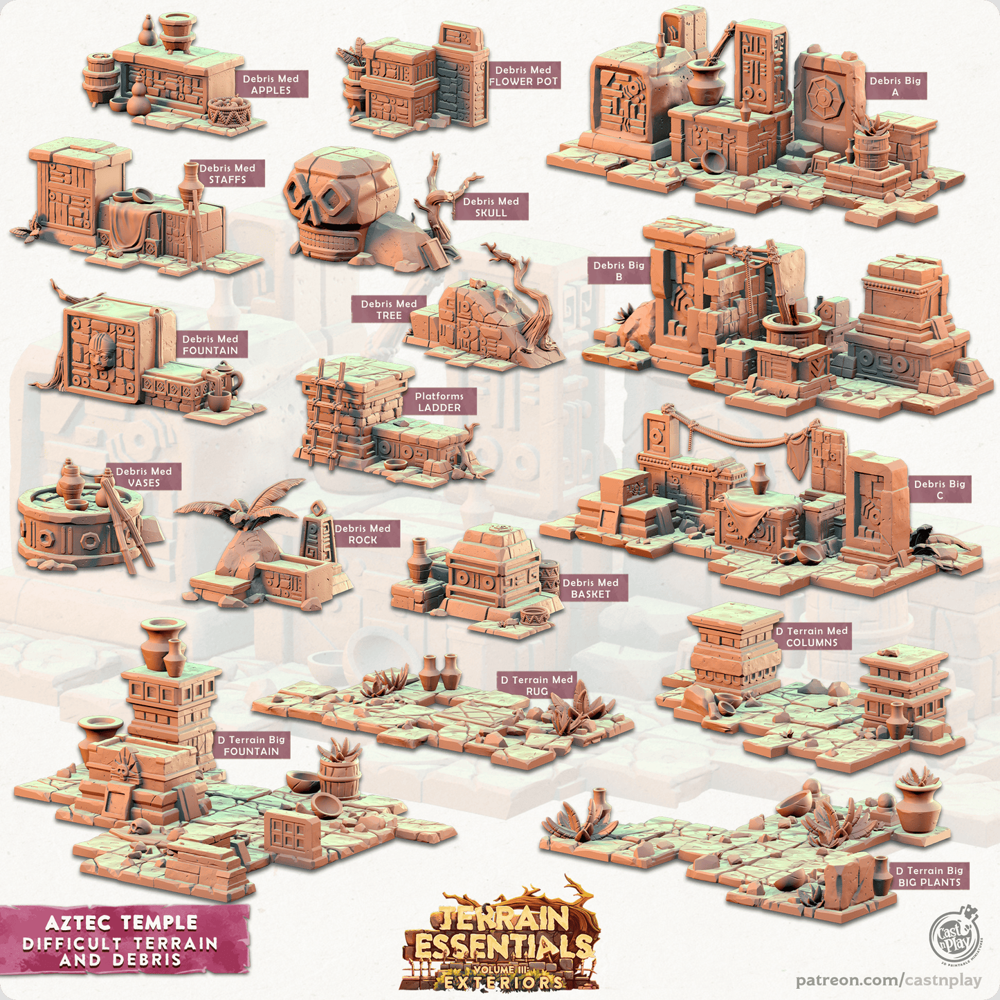 3D Printed Cast n Play Debris and Difficult Terrain Aztec Temple Set 28mm 32mm D&D - 3D Printing Boss 