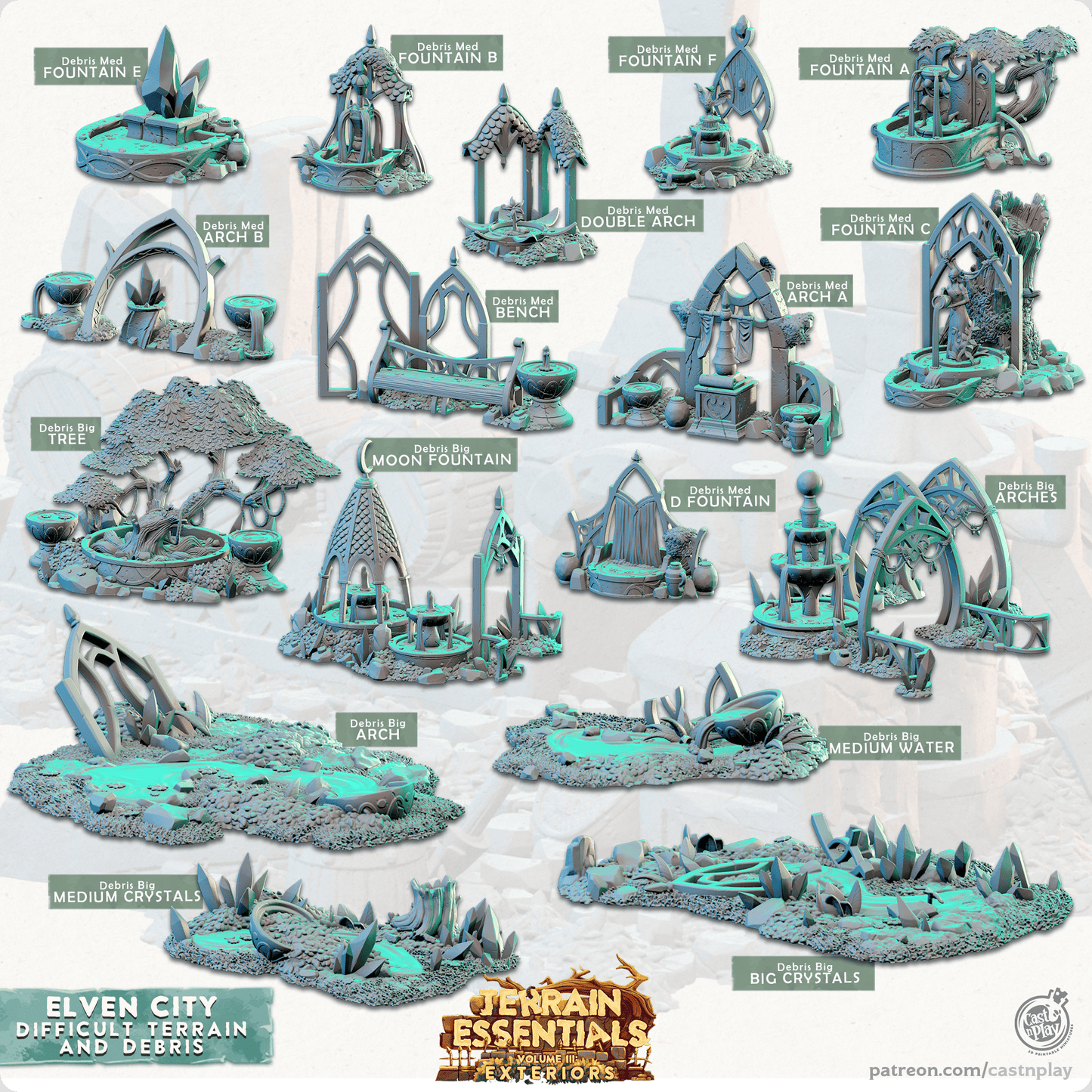 3D Printed Cast n Play Debris and Difficult Terrain Elven City Set Terrain Essentials Vol III Exteriors28mm 32mm D&D - 3D Printing Boss 