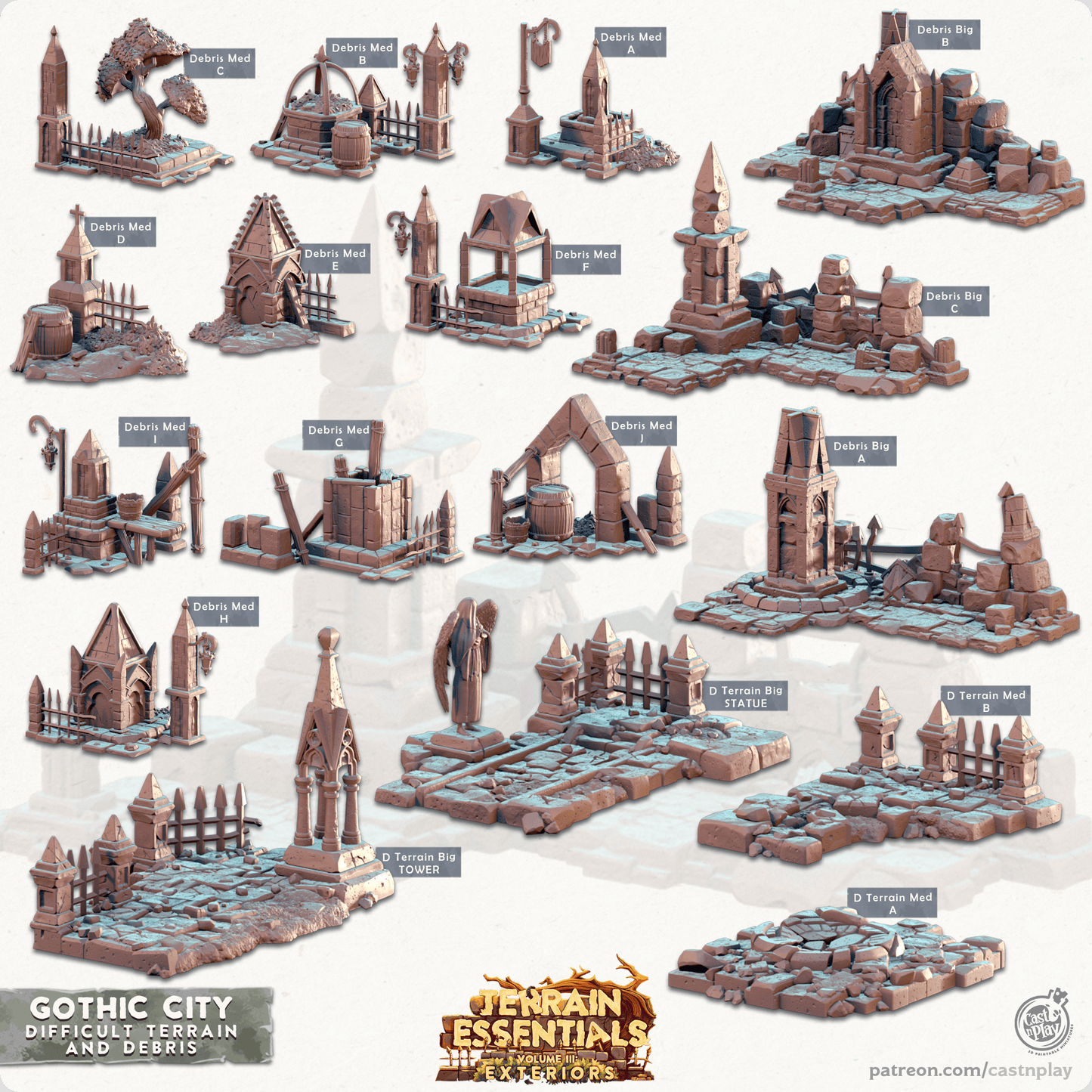 3D Printed Cast n Play Debris and Difficult Terrain Gothic City Set 28mm 32mm D&D - 3D Printing Boss 