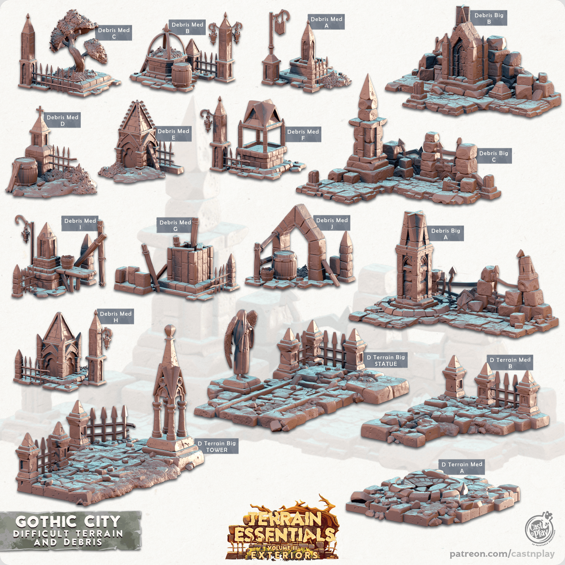 3D Printed Cast n Play Debris and Difficult Terrain Gothic City Set 28mm 32mm D&D - 3D Printing Boss 