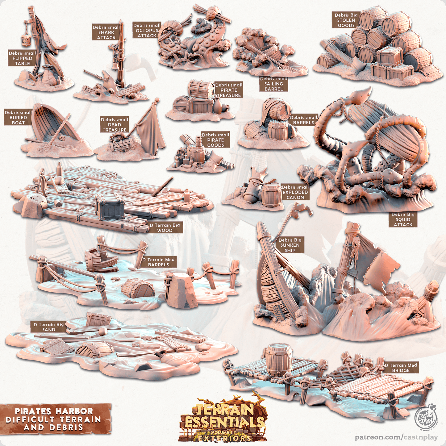3D Printed Cast n Play Debris and Difficult Terrain Pirates Harbor Set 28mm 32mm D&D - 3D Printing Boss 