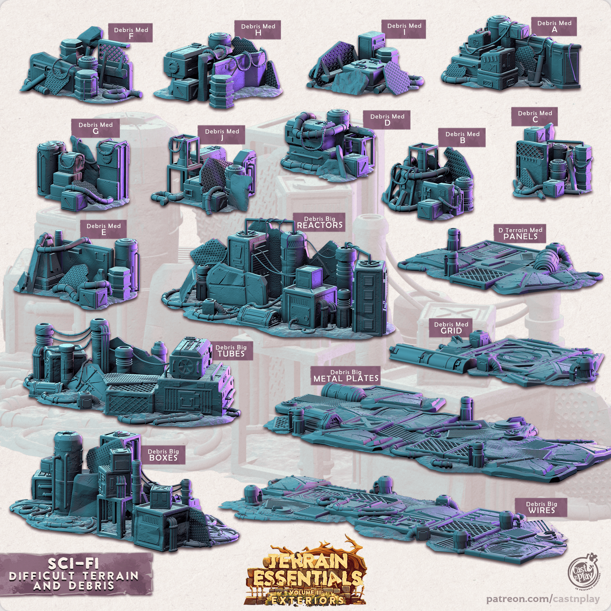 3D Printed Cast n Play Difficult Terrain & Debris Sci-Fi City Set Terrain Essentials Vol III Exteriors 28mm 32mm D&D - 3D Printing Boss 