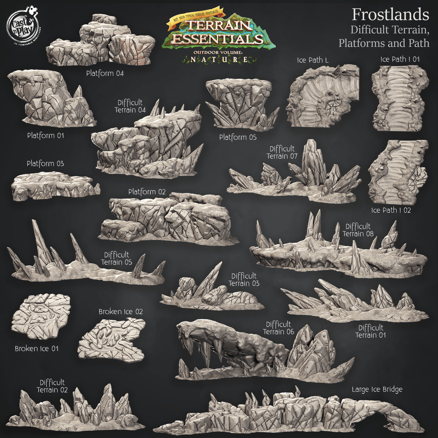 3D Printed Cast n Play Difficult Terrain, Platforms and Path Frostlands Terrain Set Terrain Essentials Nature 28mm 32mm D&D - 3D Printing Boss 