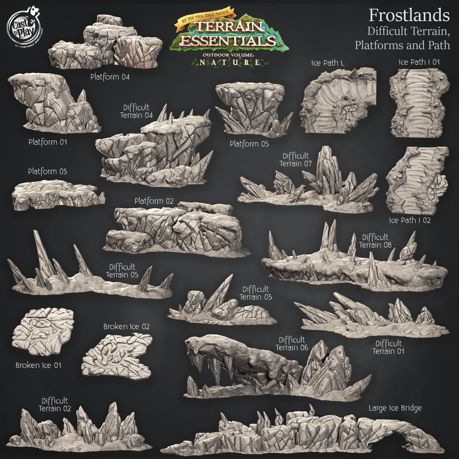 3D Printed Cast n Play Difficult Terrain, Platforms and Path Frostlands Terrain Set Terrain Essentials Nature 28mm 32mm D&D - 3D Printing Boss 