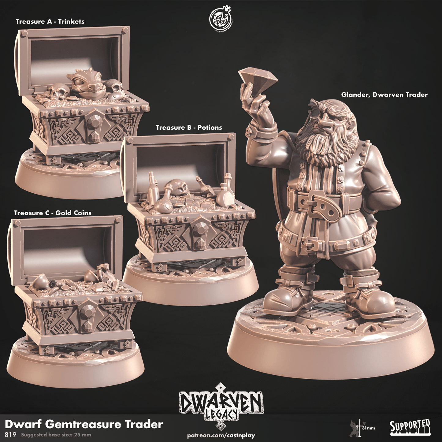 3D Printed Cast n Play Dwarf Gemtreasure Trader Dwarven Legacy Set 28mm 32mm D&D - 3D Printing Boss 