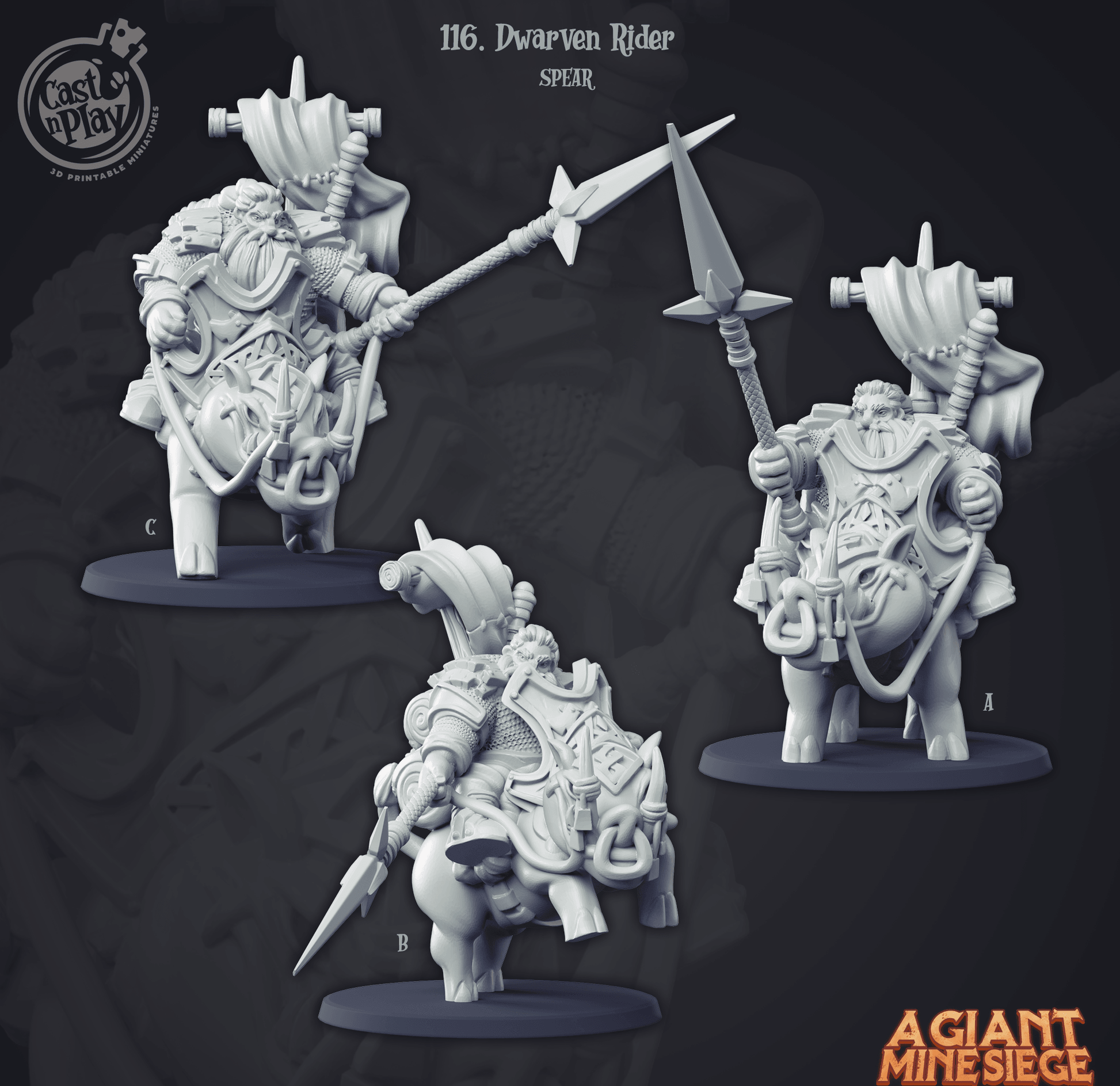 3D Printed Cast n Play Dwarven Rider Spear Set A Giant Mine Siege 28mm 32mm D&D - 3D Printing Boss 