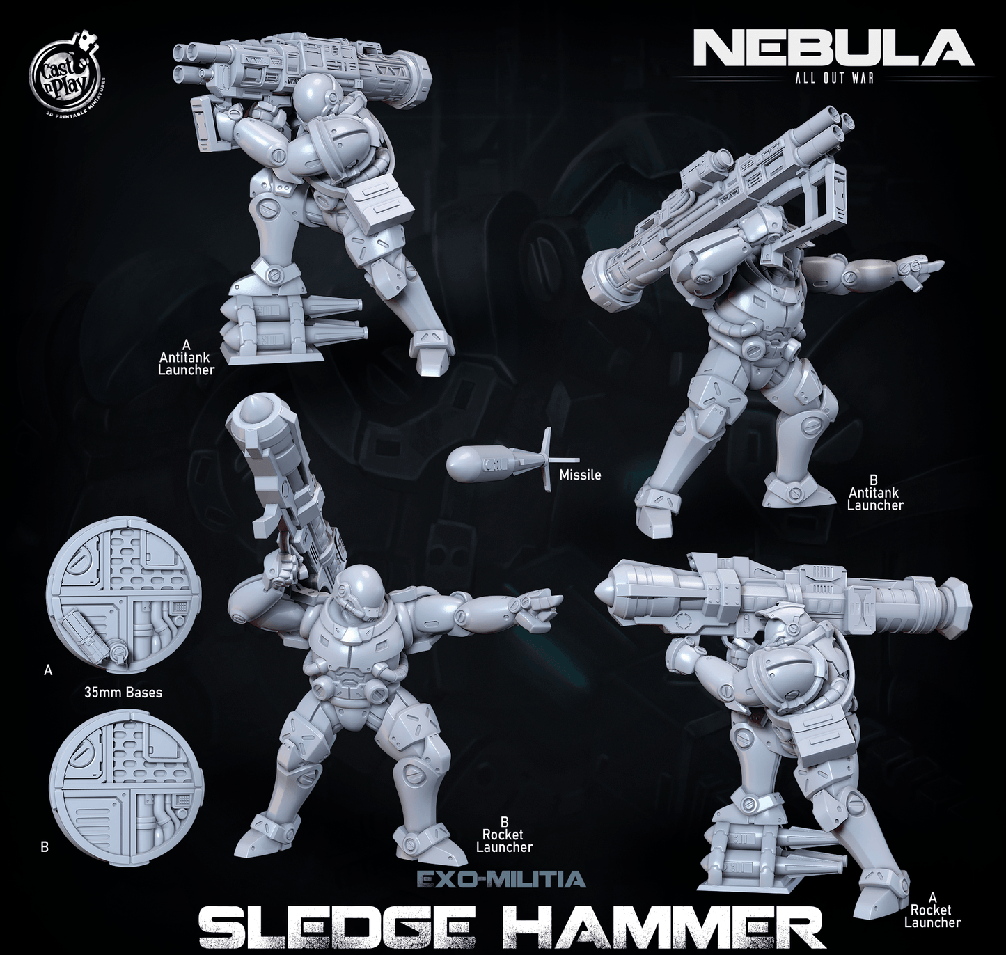 3D Printed Cast n Play Exo Militia Sledgehammer (Anti Vehicle Troops) Nebula All Out War 28mm 32mm D&D - 3D Printing Boss 