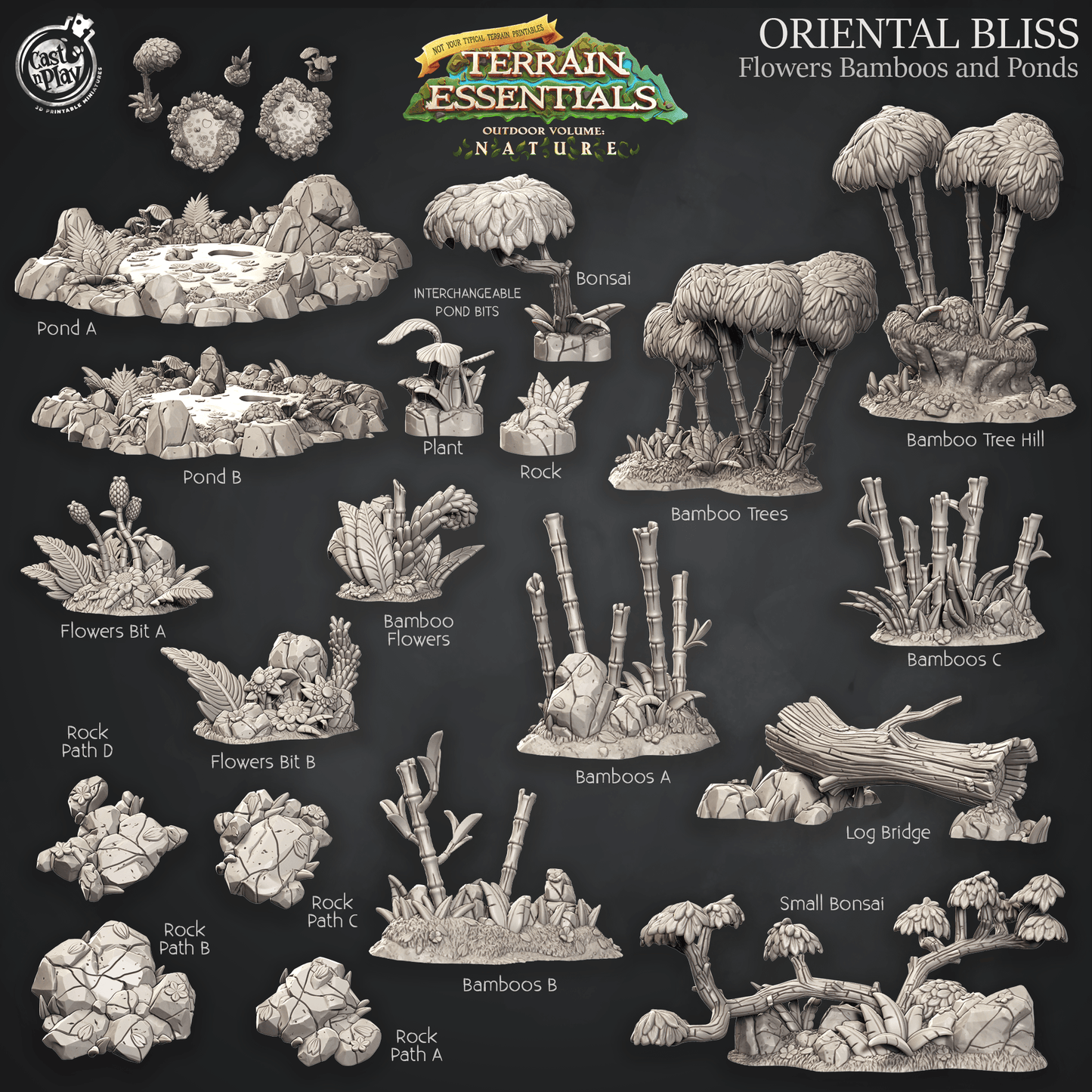 3D Printed Cast n Play Flowers Bamboo and Ponds Oriental Terrain Set Terrain Essentials Nature 28mm 32mm D&D - 3D Printing Boss 