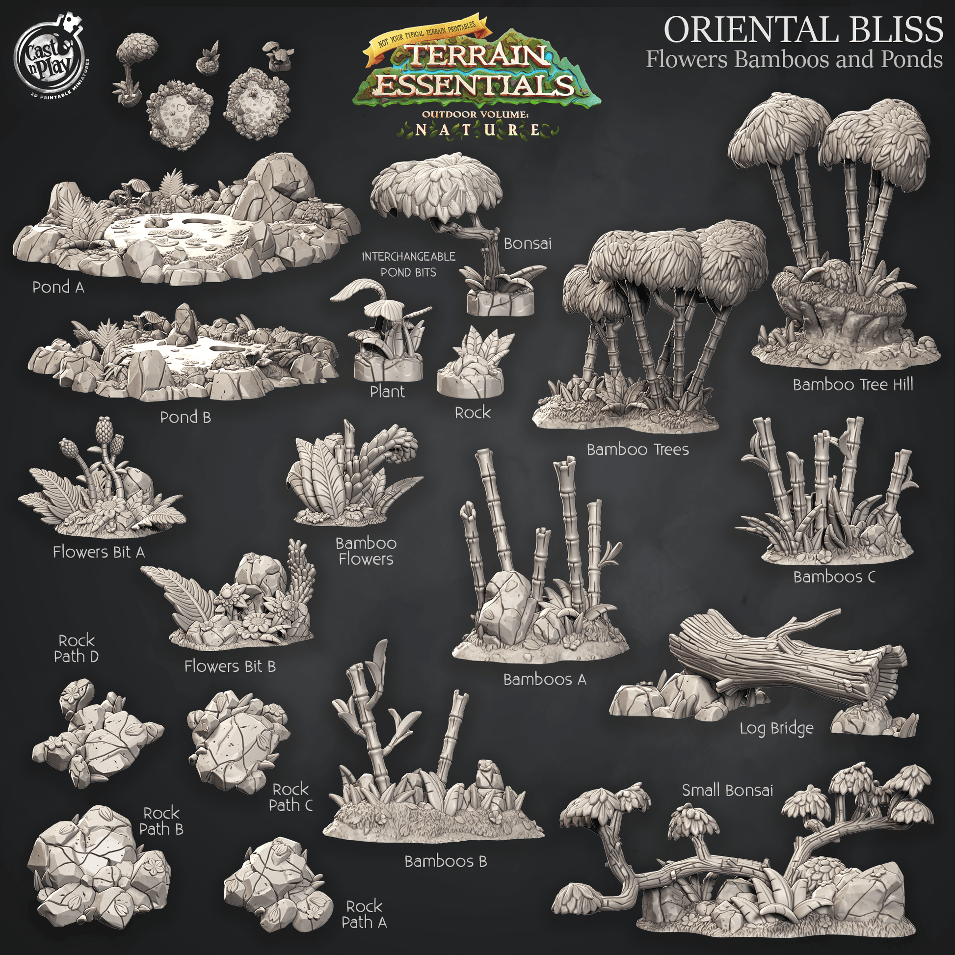 3D Printed Cast n Play Flowers Bamboo and Ponds Oriental Terrain Set Terrain Essentials Nature 28mm 32mm D&D - 3D Printing Boss 