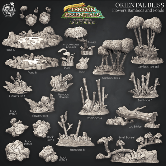 3D Printed Cast n Play Flowers Bamboo and Ponds Oriental Terrain Set Terrain Essentials Nature 28mm 32mm D&D - 3D Printing Boss 