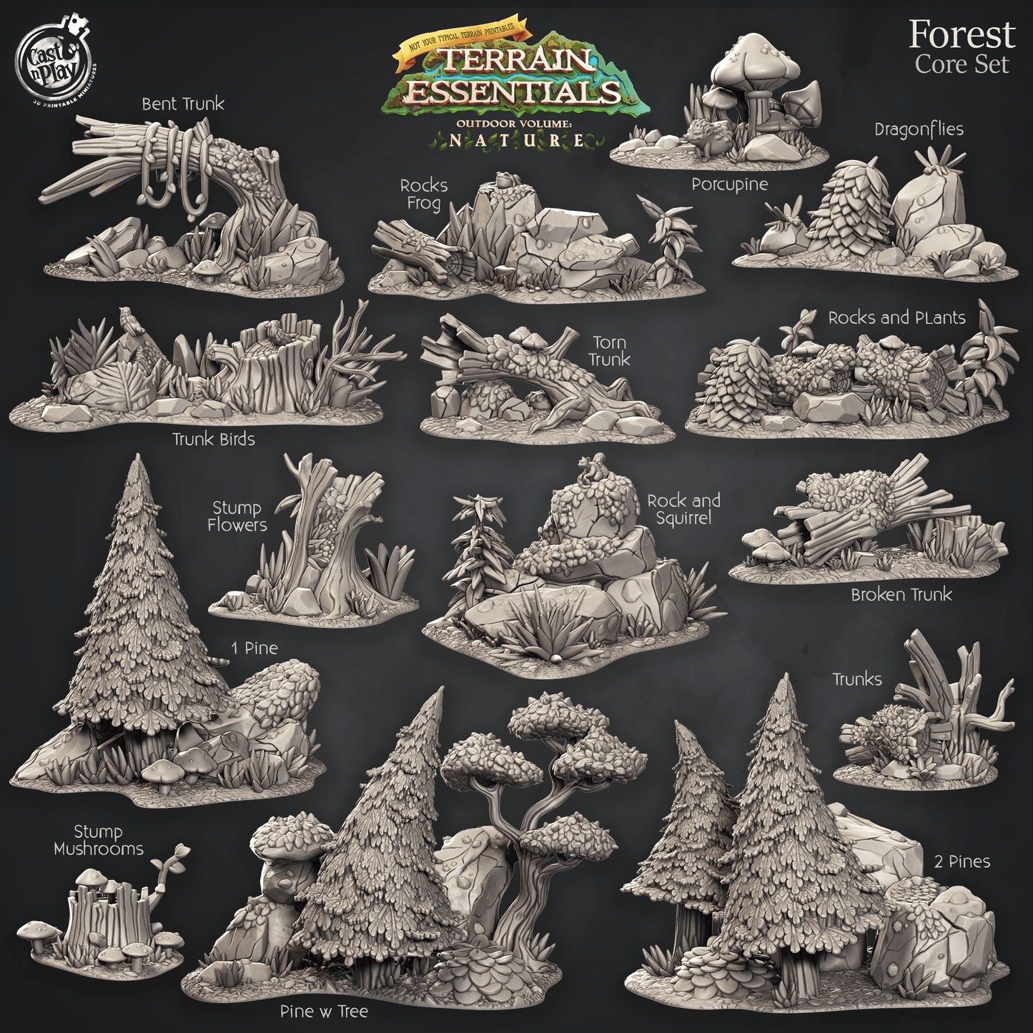 3D Printed Cast n Play Forest Core Set Forest Terrain Set Terrain Essentials Nature 28mm 32mm D&D - 3D Printing Boss 