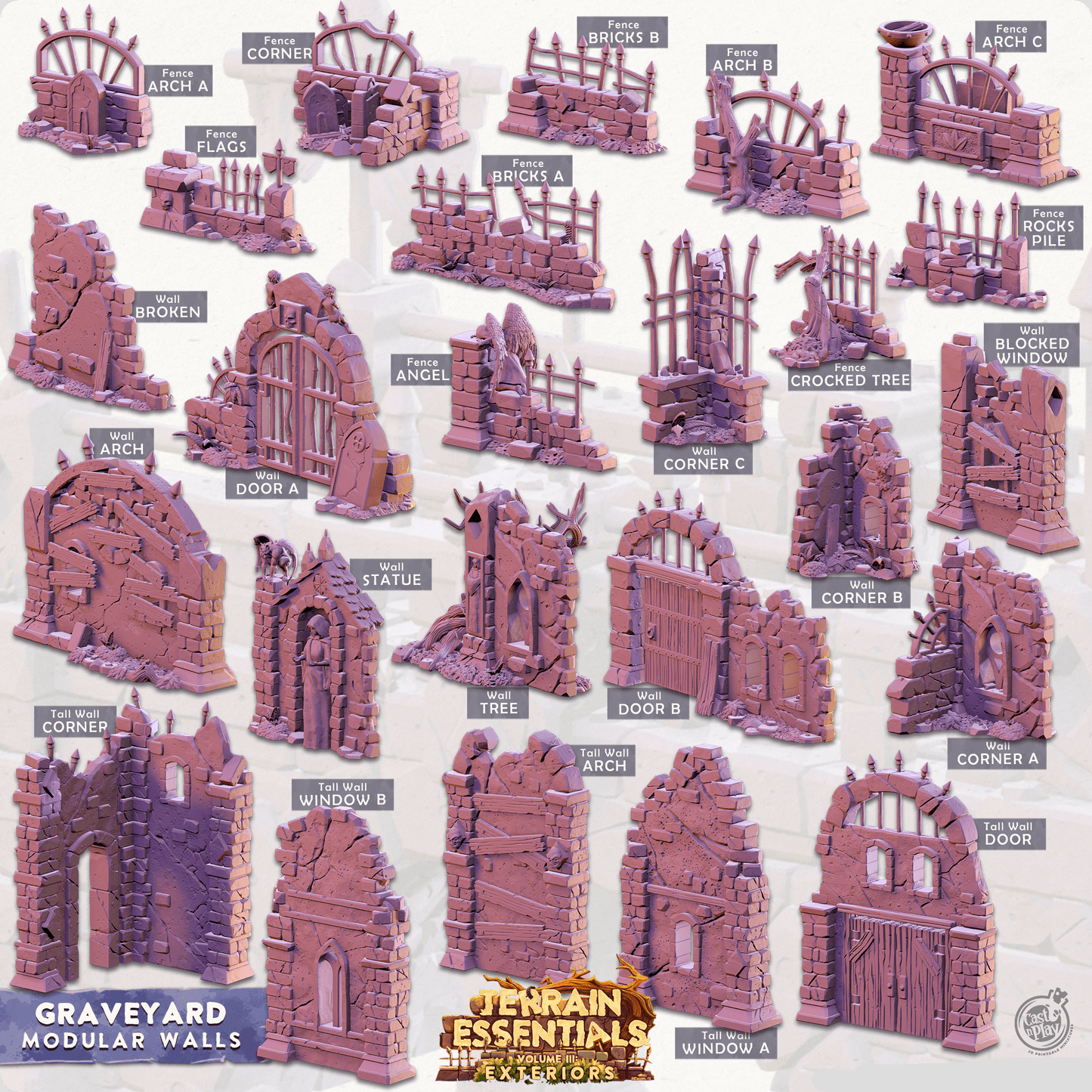 3D Printed Cast n Play Graveyard - Modular Walls Graveyard Set 28mm 32mm D&D - 3D Printing Boss 