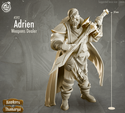3D Printed Cast n Play Hawkers of Thamarya - Adrien the Weapons Dealer 28mm 32mm D&D - 3D Printing Boss 