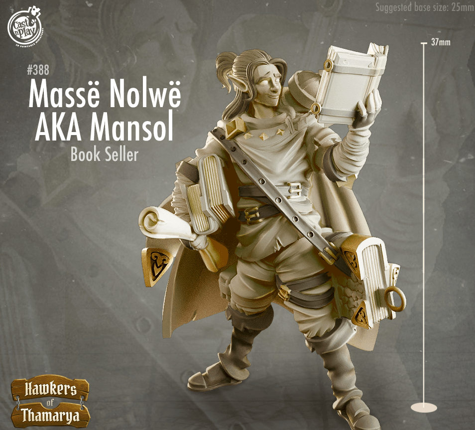 3D Printed Cast n Play Hawkers of Thamarya - Mansol Masse Nolwe Book Seller 28mm 32mm D&D - 3D Printing Boss 