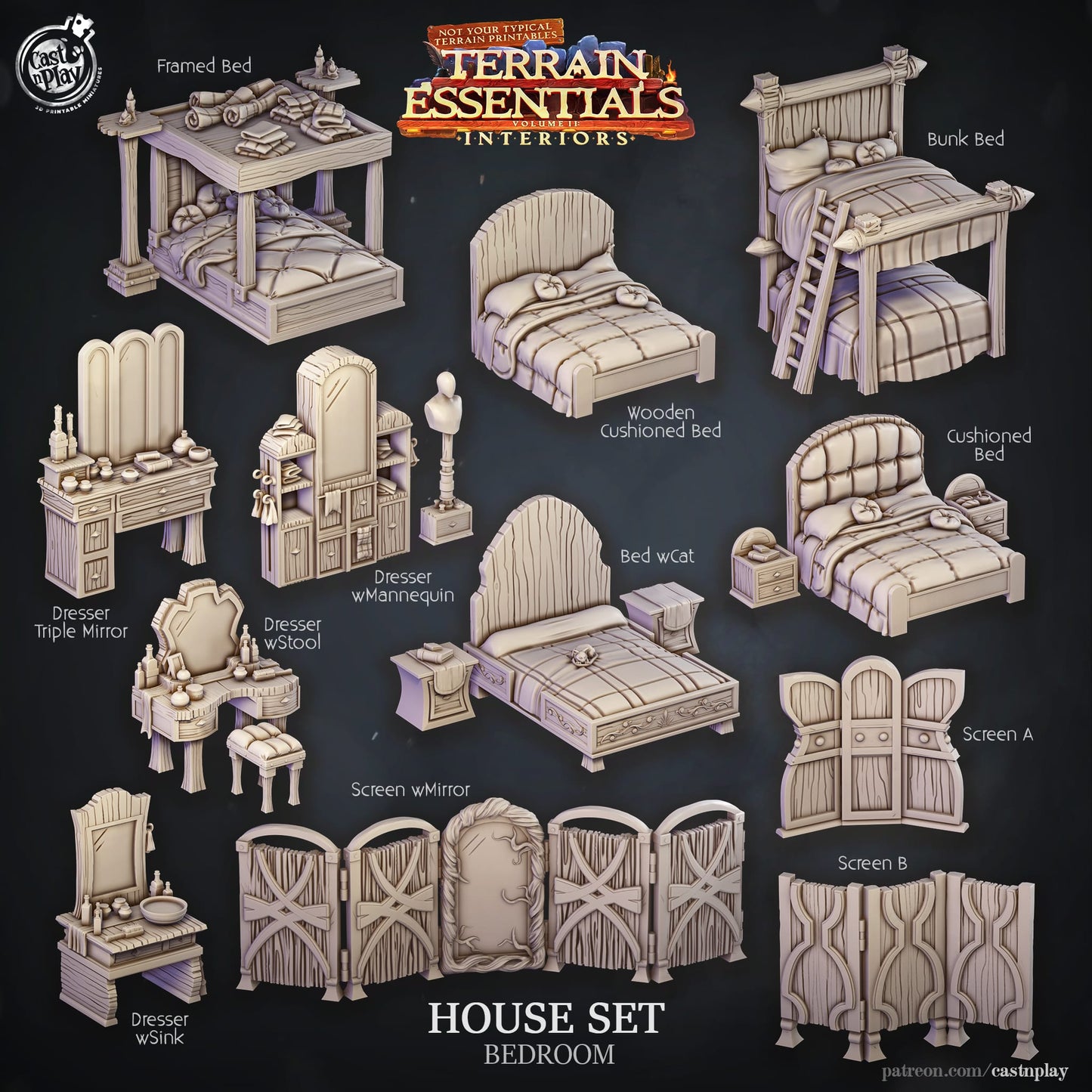 3D Printed Cast n Play House Set Bedroom Terrain Essentials 28mm 32mm D&D - 3D Printing Boss 