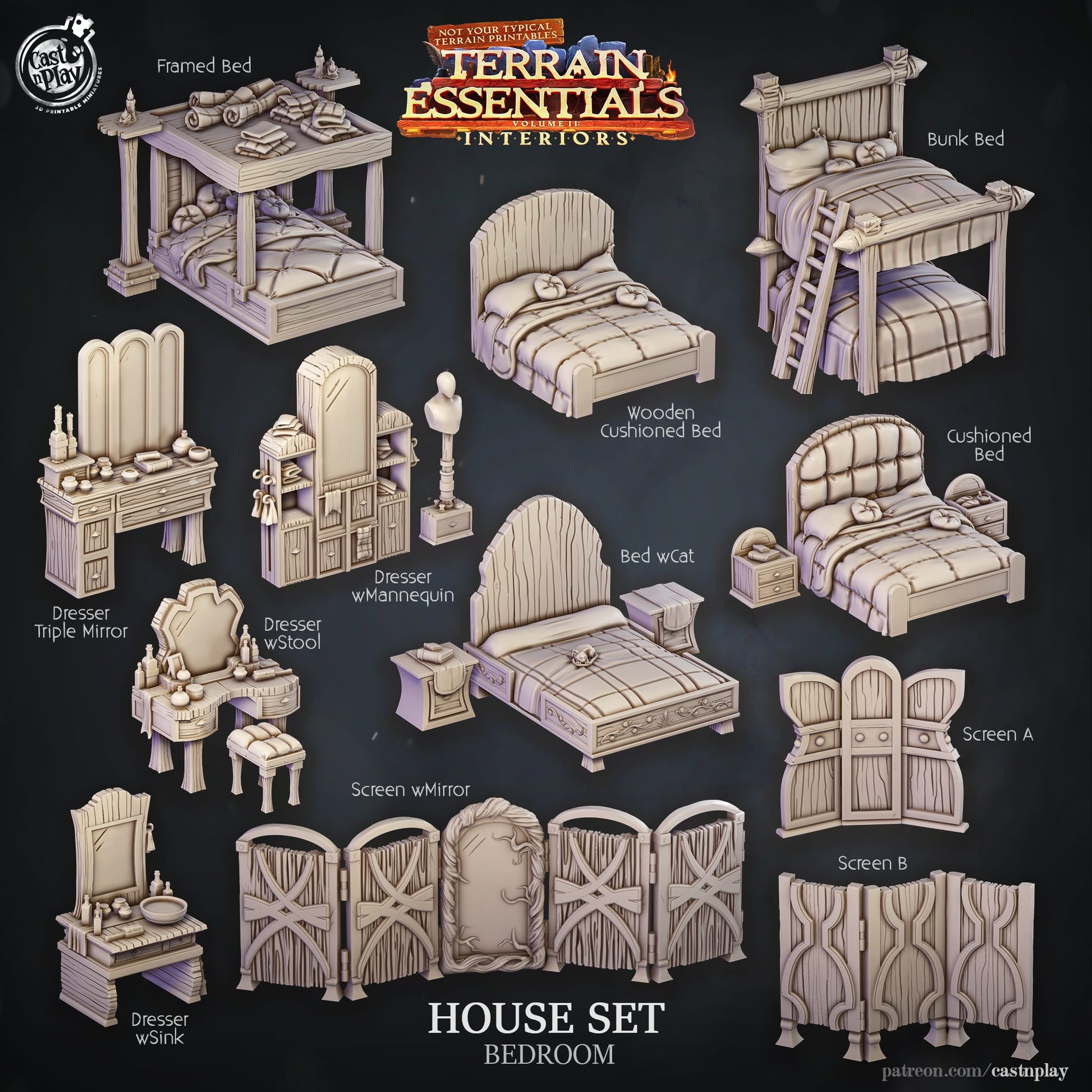 3D Printed Cast n Play House Set Bedroom Terrain Essentials 28mm 32mm D&D - 3D Printing Boss 