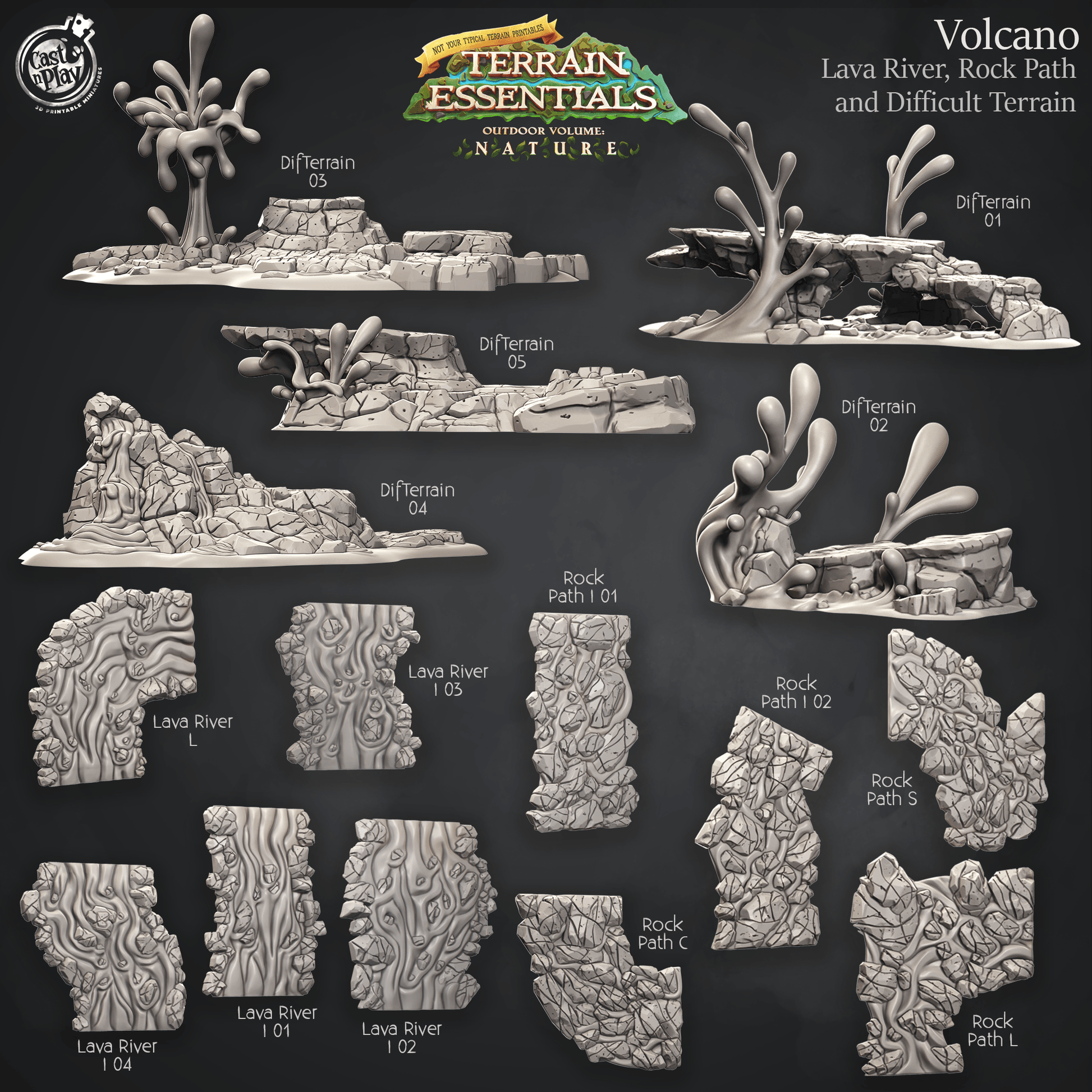 3D Printed Cast n Play Lava River, Rock Path and Difficult Terrain Volcano Terrain Set Terrain Essentials Nature 28mm 32mm D&D - 3D Printing Boss 